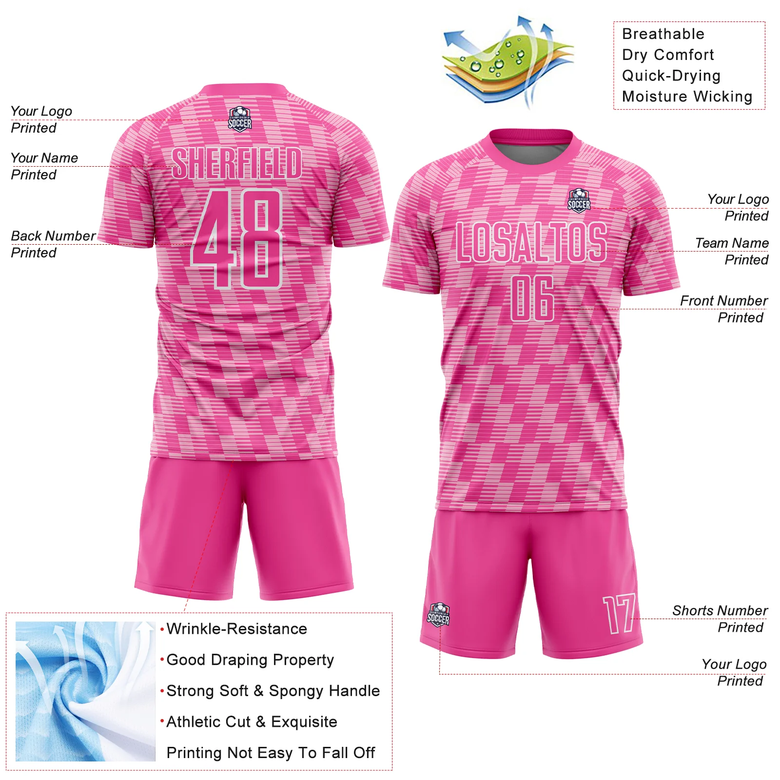 Custom Pink Light Pink-White Line Sublimation Soccer Uniform Jersey - Image 4