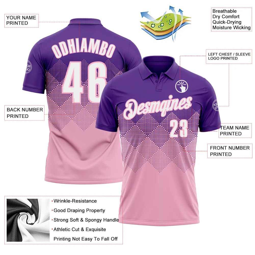 Custom Purple White-Light Pink 3D Gradient Square Shape Performance Polo Shirt - Image 3