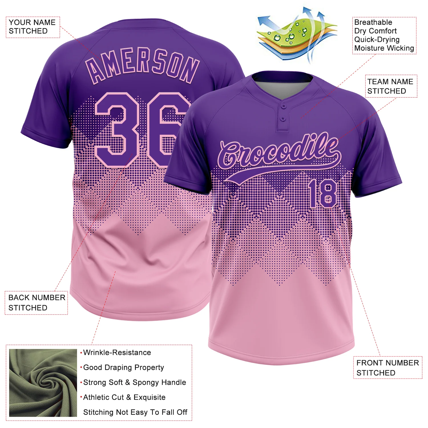 Custom Purple Light Pink 3D Gradient Square Shape Two-Button Unisex Softball Jersey - Image 3
