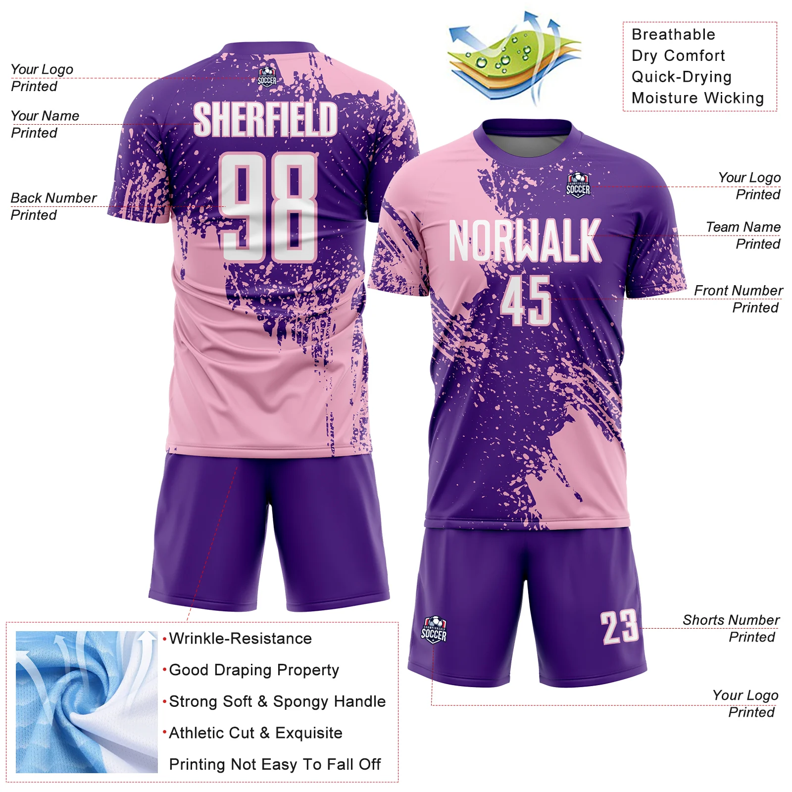 Custom Purple White-Light Pink Abstract Brush Stroke Sports Sublimation Soccer Uniform Jersey - Image 4