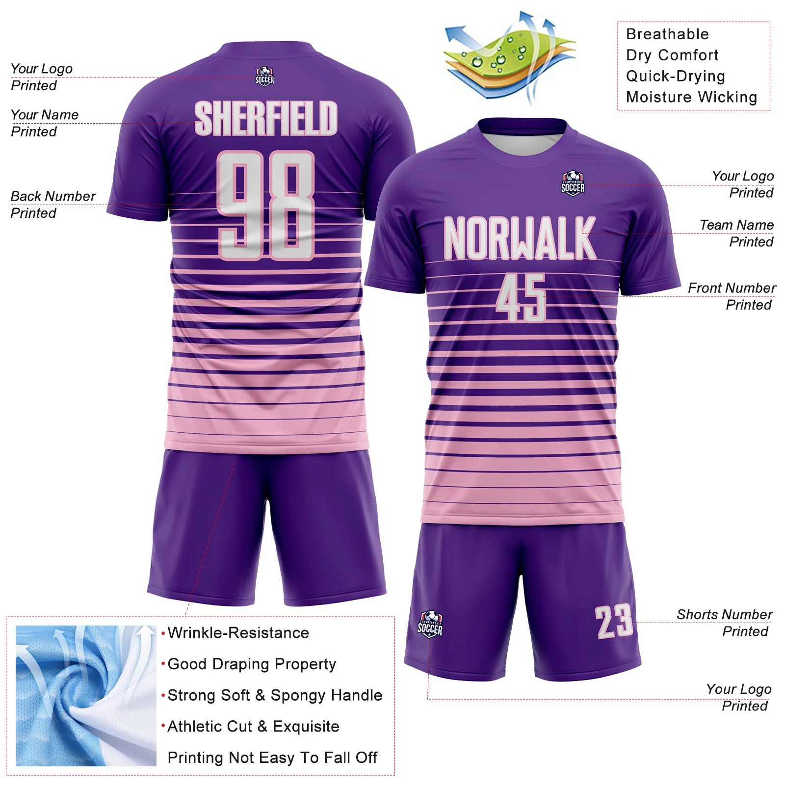 Custom Purple White-Light Pink Gradient Pinstripe Sublimation Soccer Uniform Jersey - Image 4