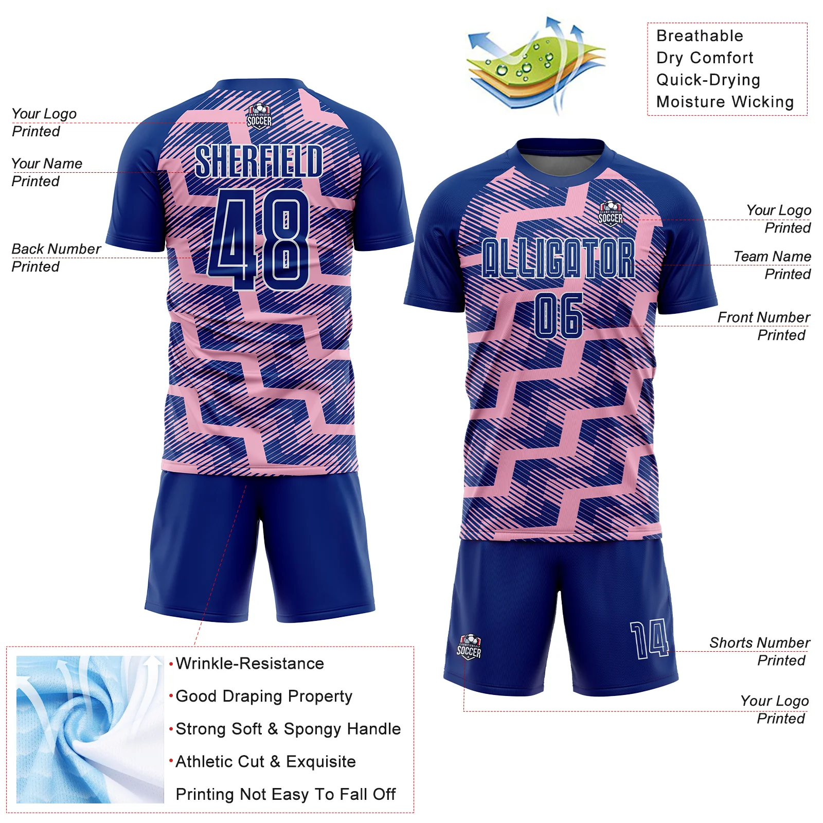 Custom Royal Light Pink-White Line Sublimation Soccer Uniform Jersey - Image 4