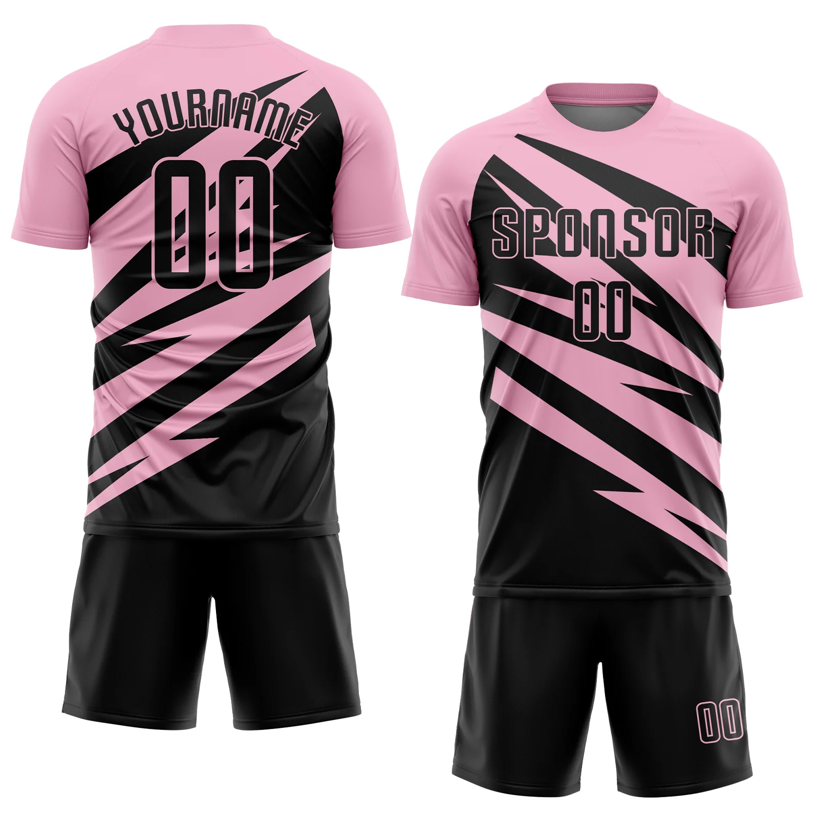 Custom Light Pink Black Abstract Line Sports Sublimation Soccer Uniform Jersey - Image 2