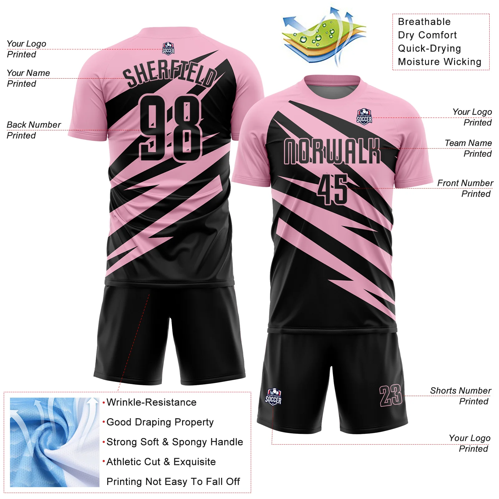 Custom Light Pink Black Abstract Line Sports Sublimation Soccer Uniform Jersey - Image 4