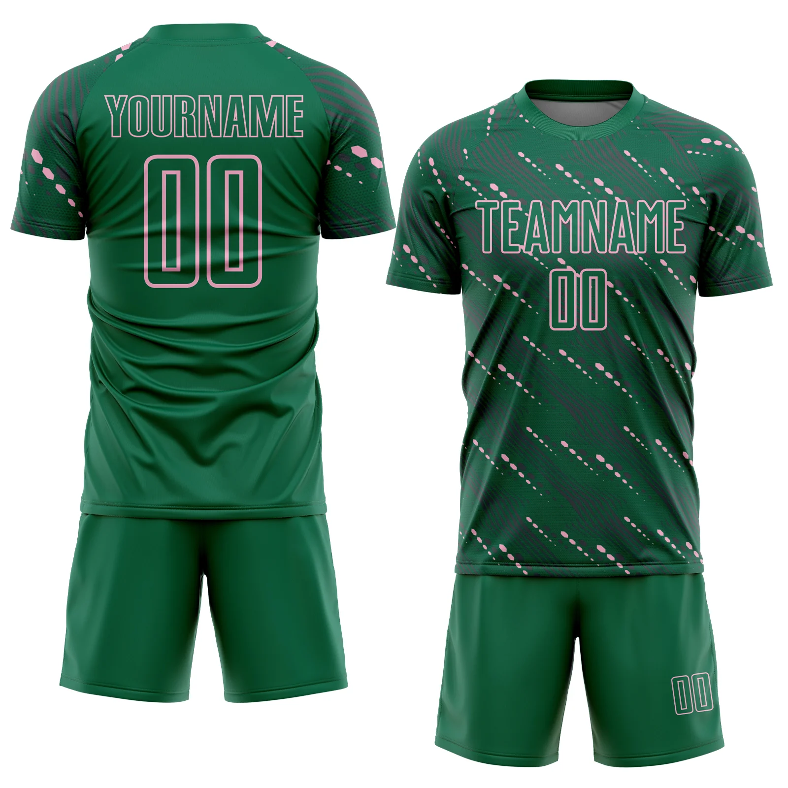 Custom Kelly Green Light Pink Slant Lines Sports Sublimation Soccer Uniform Jersey - Image 2