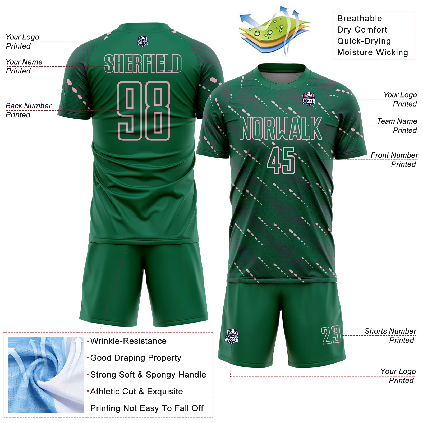 Custom Kelly Green Light Pink Slant Lines Sports Sublimation Soccer Uniform Jersey - Image 4