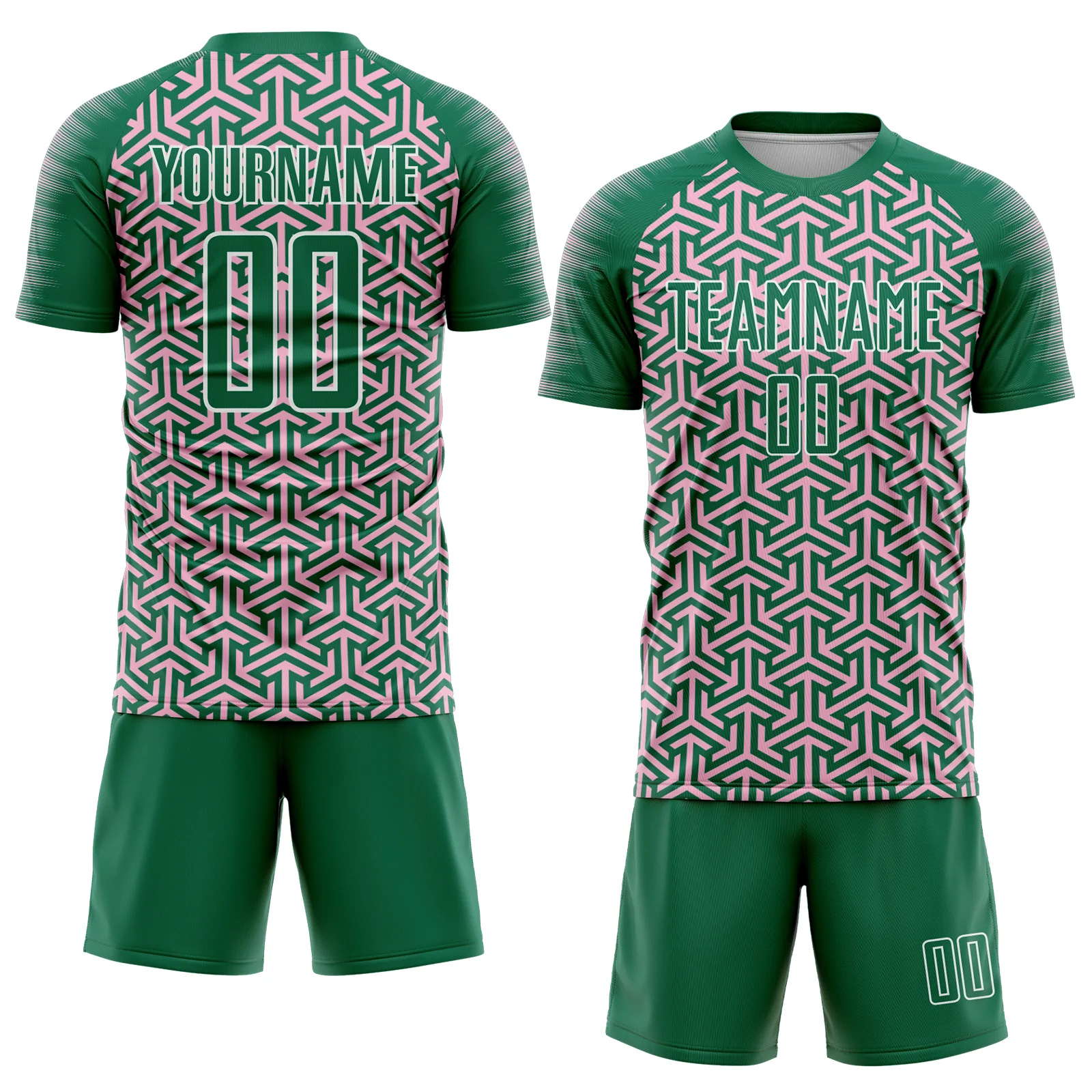 Custom Kelly Green Light Pink-White Geometric Arrow Sublimation Soccer Uniform Jersey - Image 2