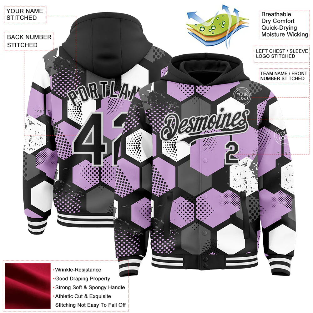 Custom Black Light Purple-White Geometric Shape Bomber Full-Snap Varsity Letterman Hoodie Jacket - Image 4
