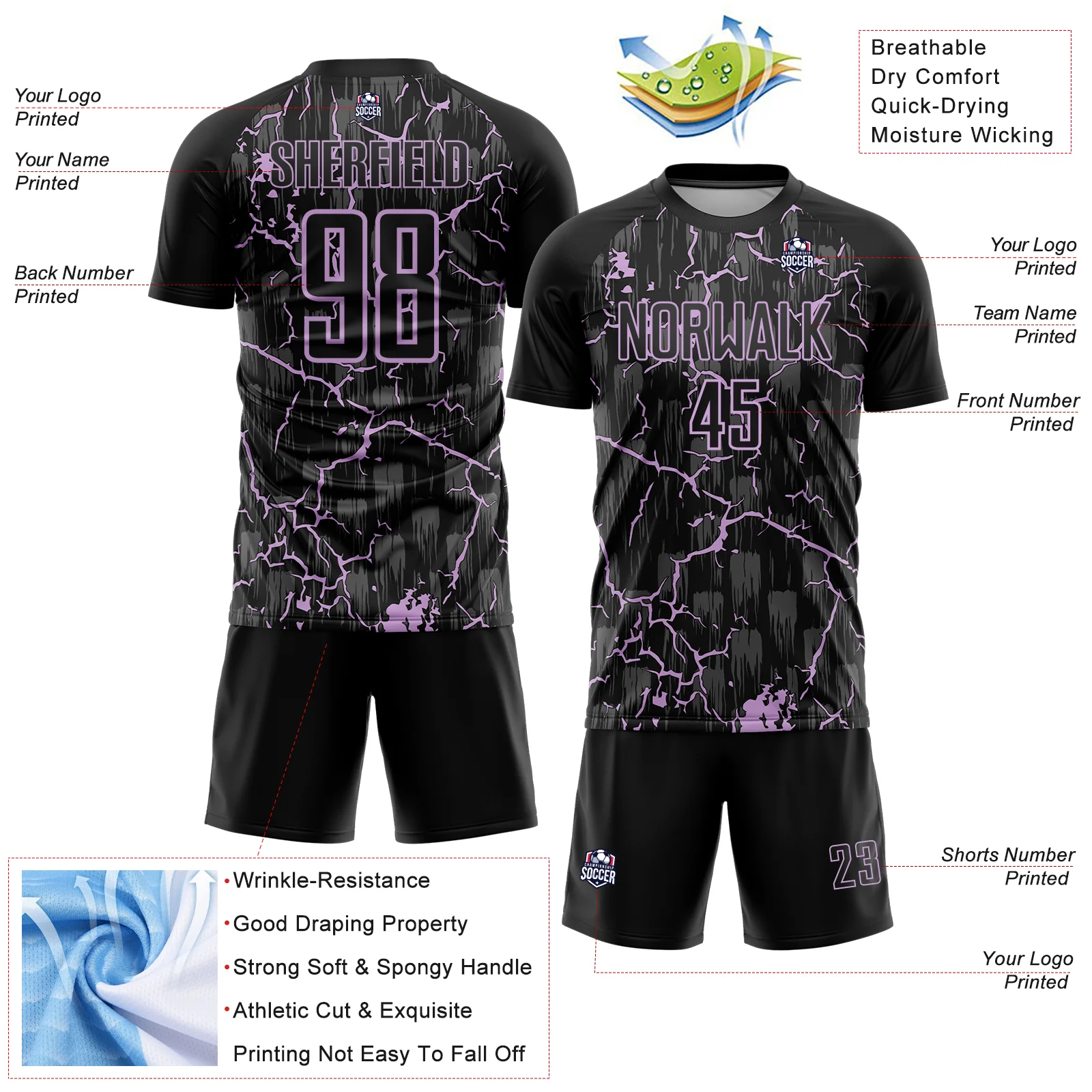 Custom Black Light Purple Lightning Sublimation Soccer Uniform Jersey - Image 4