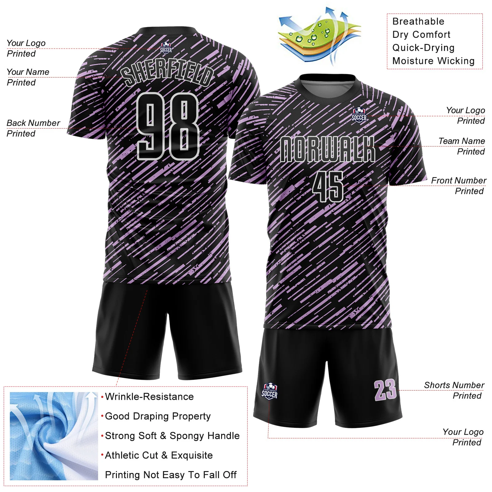 Custom Black Light Purple-White Line Sports Sublimation Soccer Uniform Jersey - Image 4