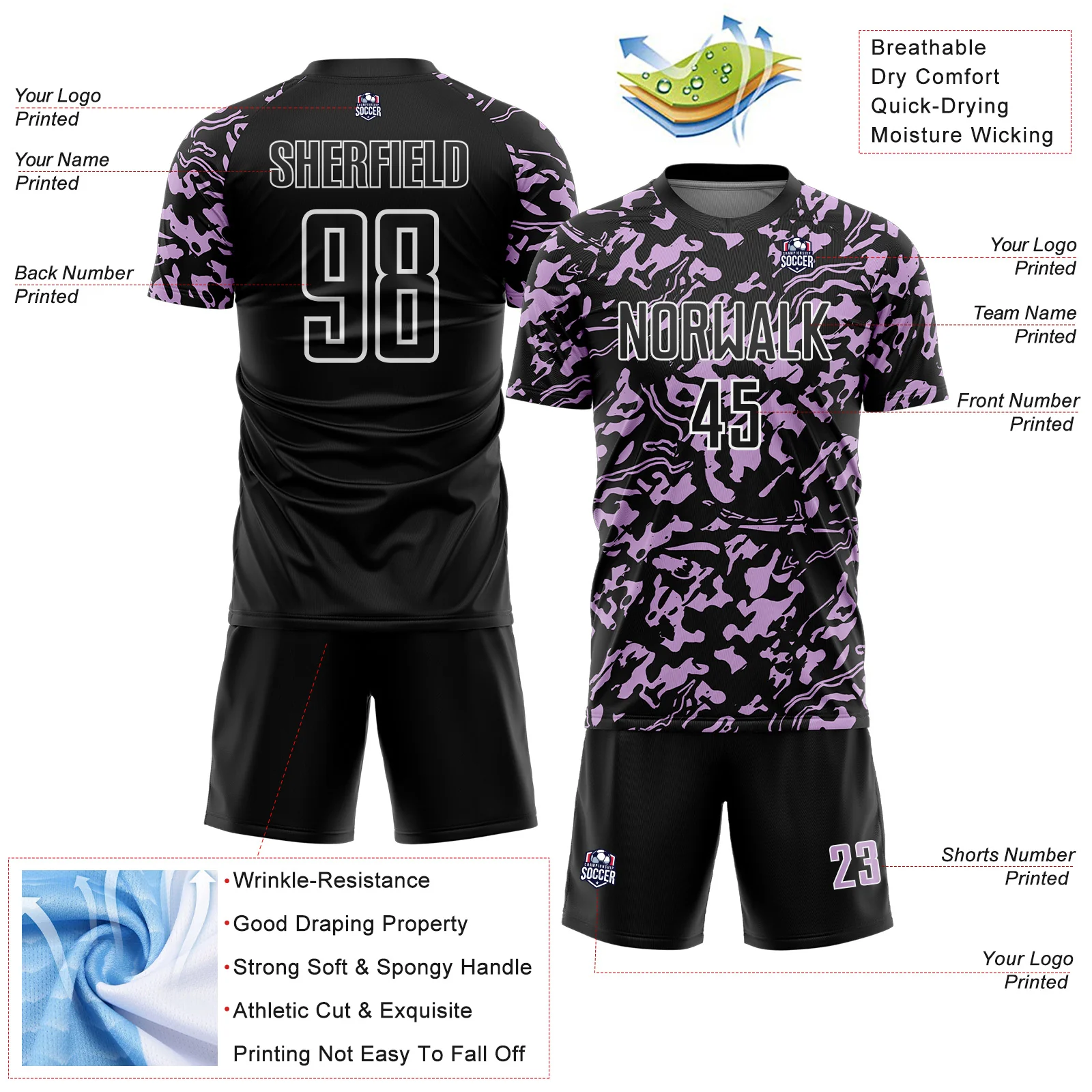 Custom Black Light Purple-White Liquid Fluid Pattern Sports Sublimation Soccer Uniform Jersey - Image 4