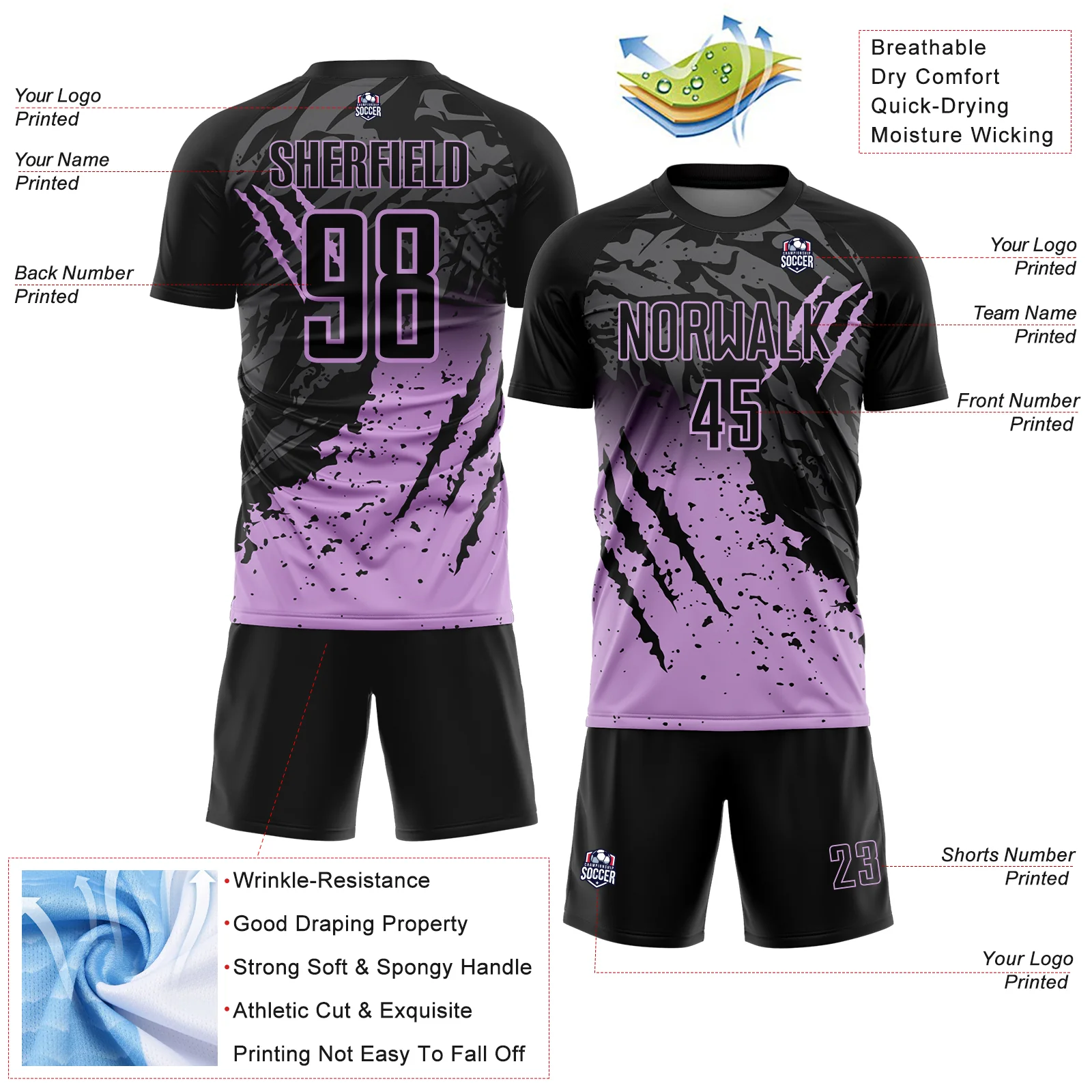 Custom Black Light Purple Gradient Claw Mark Splatter Sports Sublimation Soccer Uniform Jersey - Image 4
