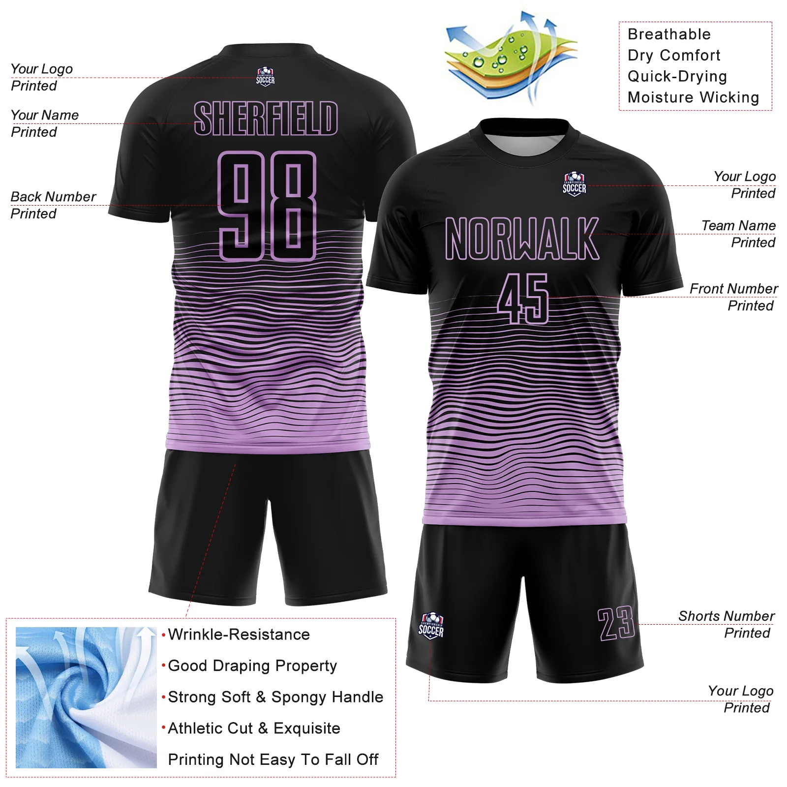 Custom Black Light Purple Gradient Wave Line Sports Sublimation Soccer Uniform Jersey - Image 4