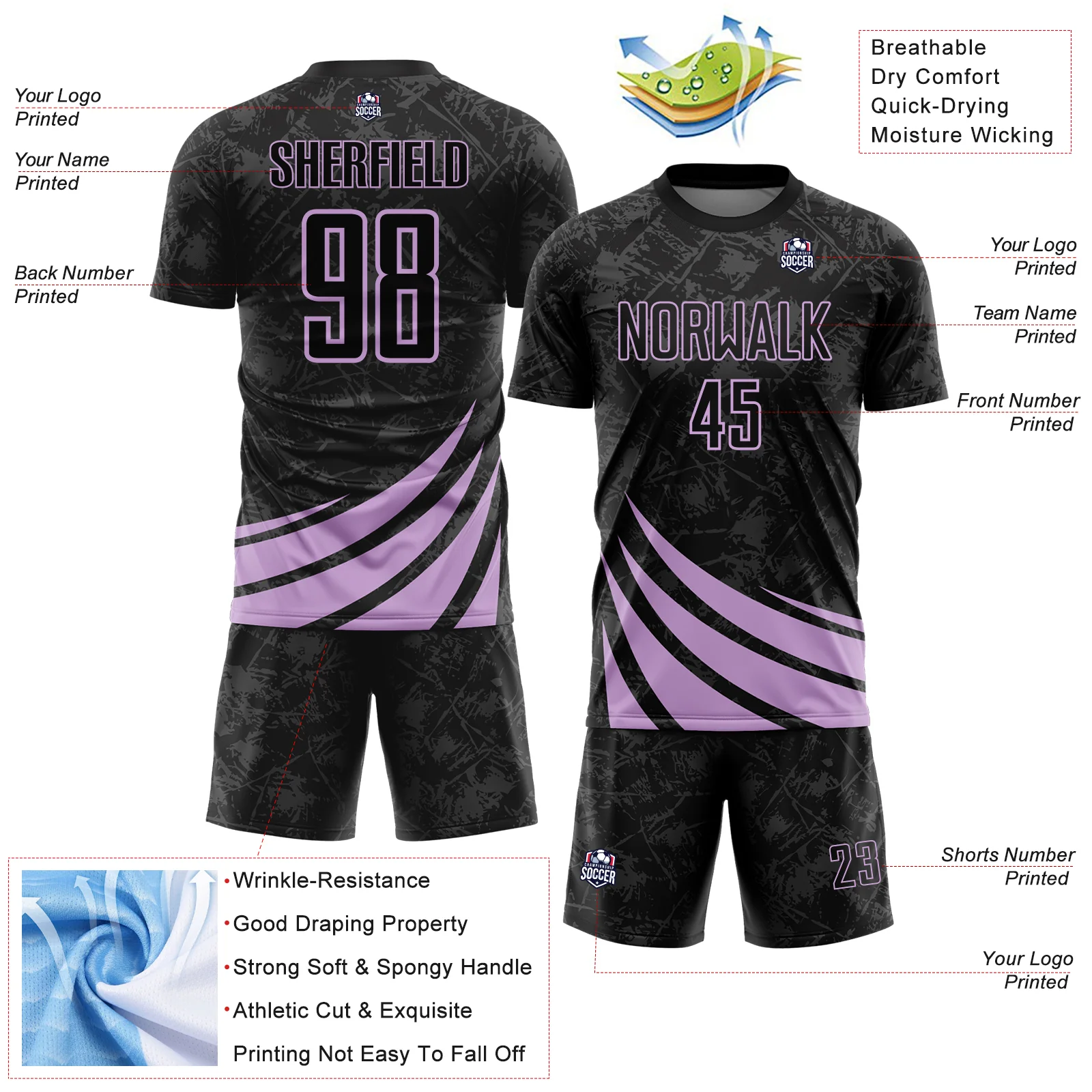Custom Black Light Purple Distressed Diagonal Stripes Wind Shapes Sports Sublimation Soccer Uniform Jersey - Image 4