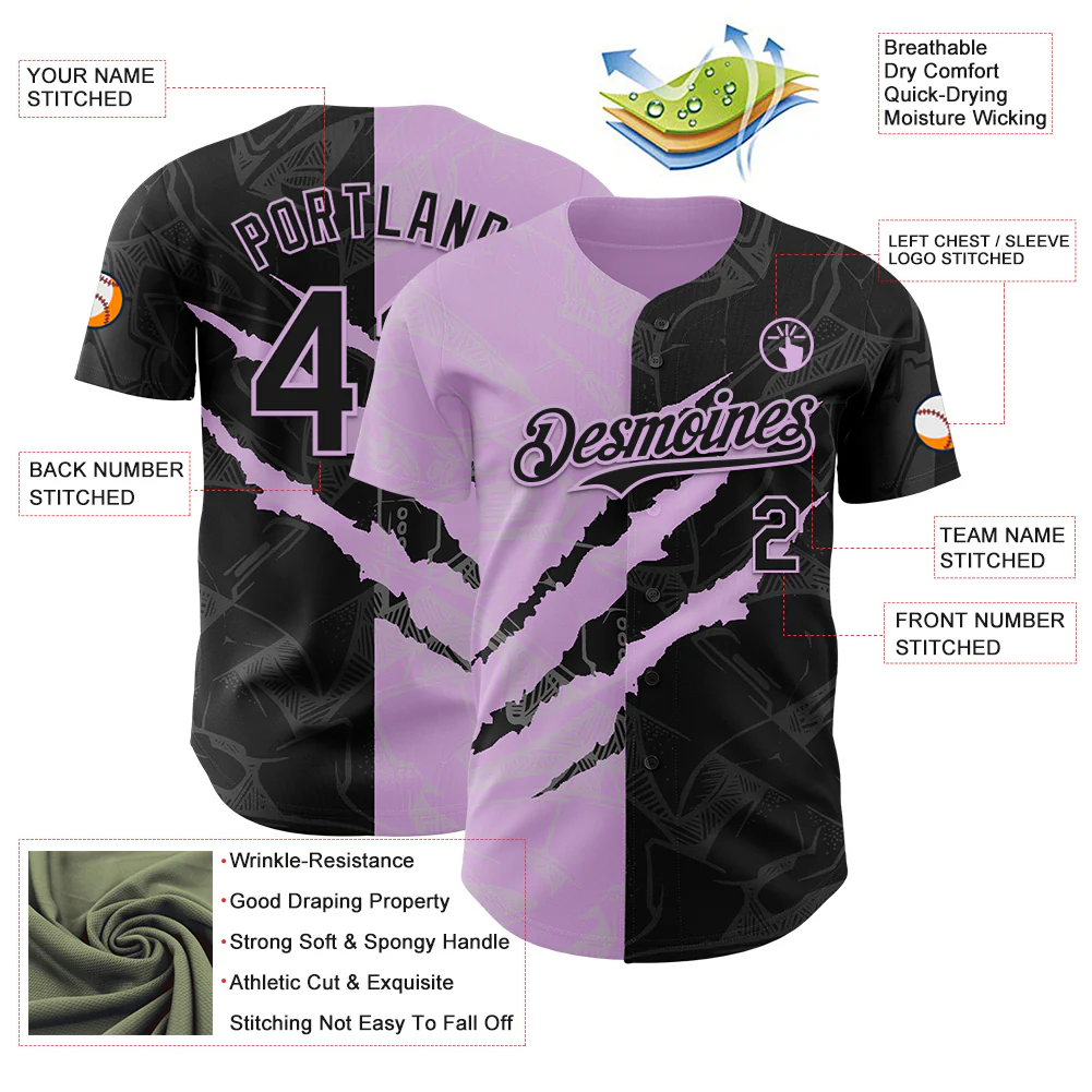 Custom Graffiti Pattern Black-Light Purple 3D Scratch Authentic Baseball Jersey - Image 3