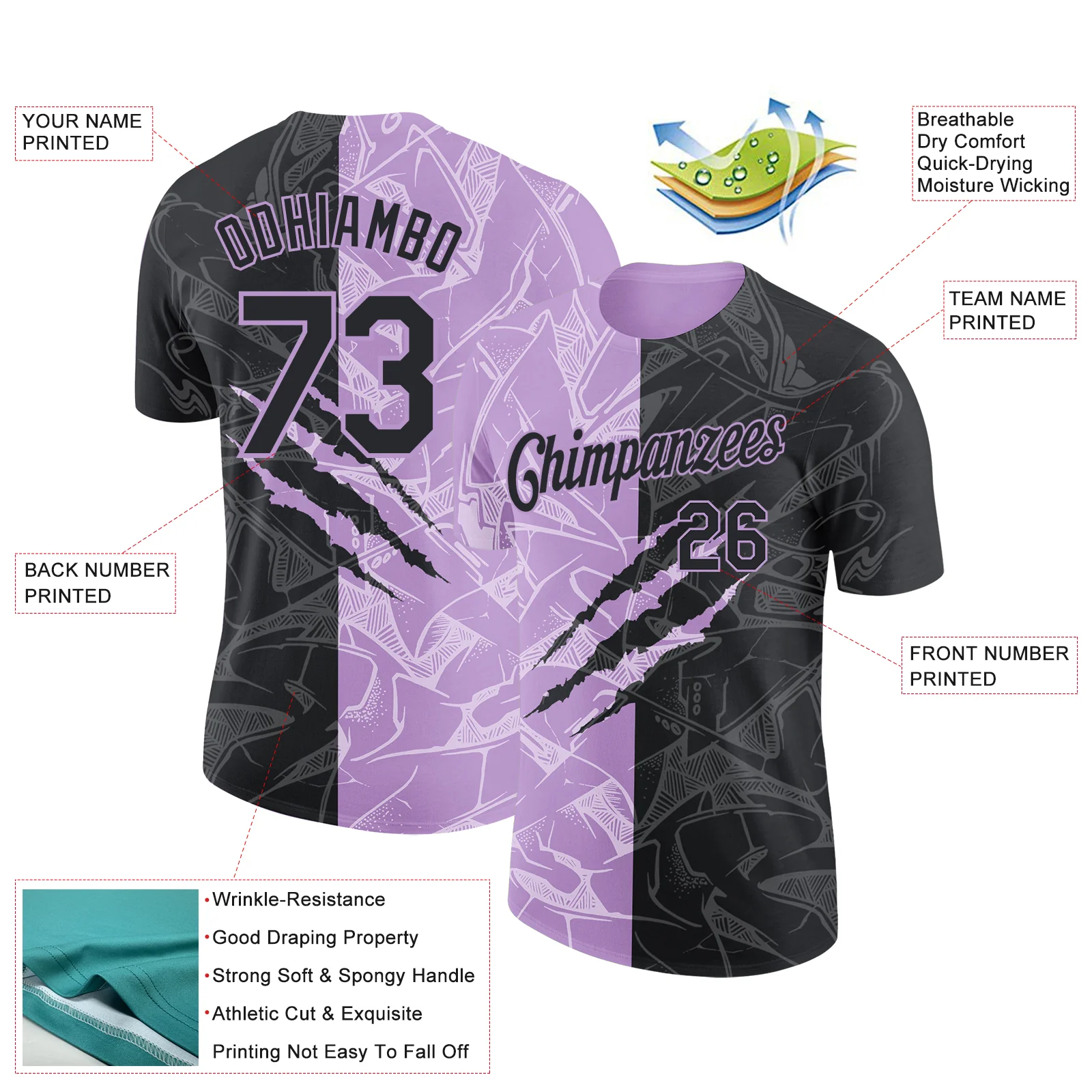 Custom Graffiti Pattern Black-Light Purple Scratch 3D Performance T-Shirt - Image 2