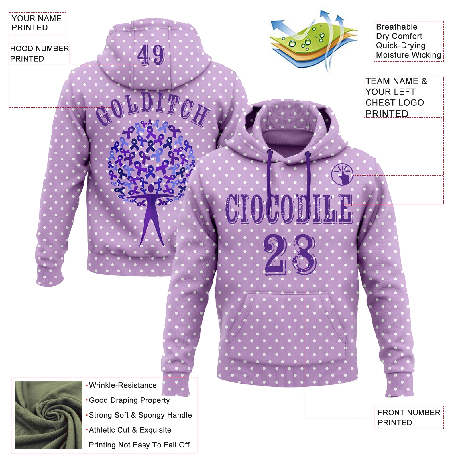 Custom Light Purple Purple 3D Gynecological Cancer World Cancer Day Ribbon Support Sports Pullover Sweatshirt Hoodie - Image 2