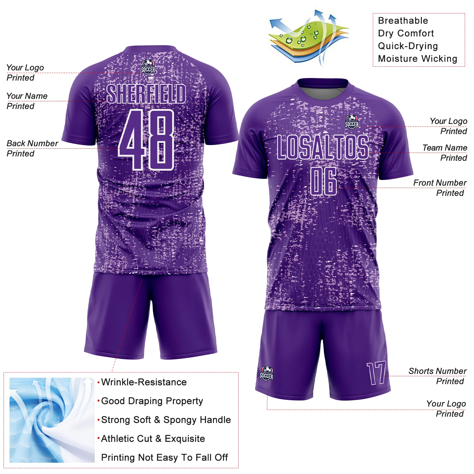 Custom Purple Light Purple-White France Speckle Sublimation Soccer Uniform Jersey - Image 4