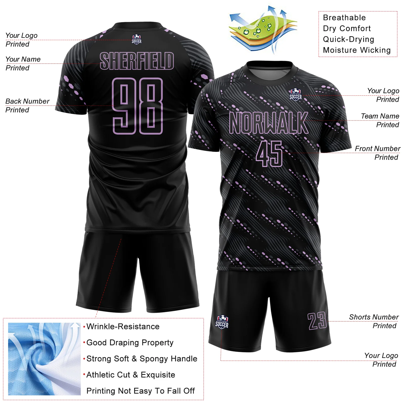 Custom Black Light Purple Slant Lines Sports Sublimation Soccer Uniform Jersey - Image 4