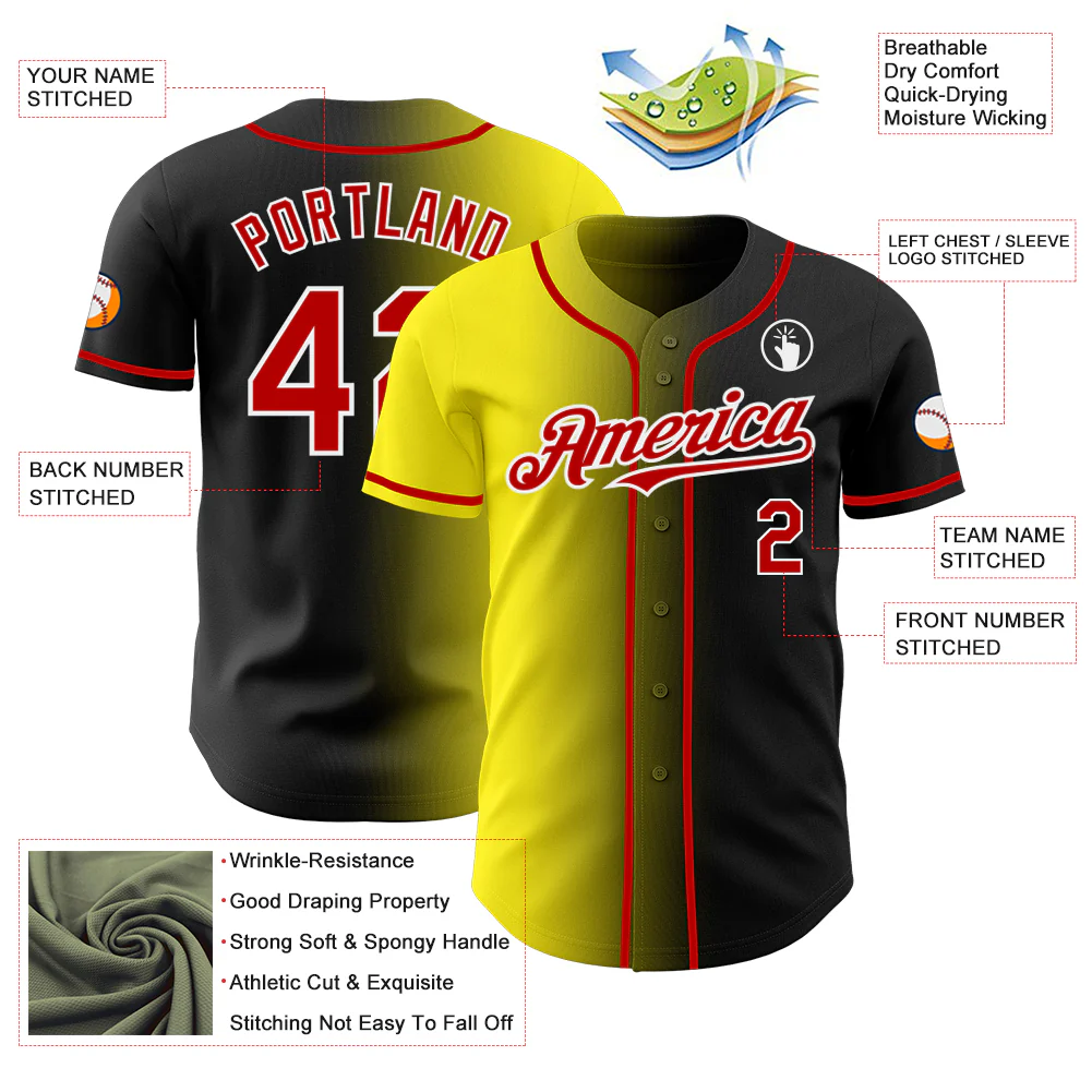 Custom Black Red Light Yellow-White Authentic Gradient Fashion Baseball Jersey - Image 3