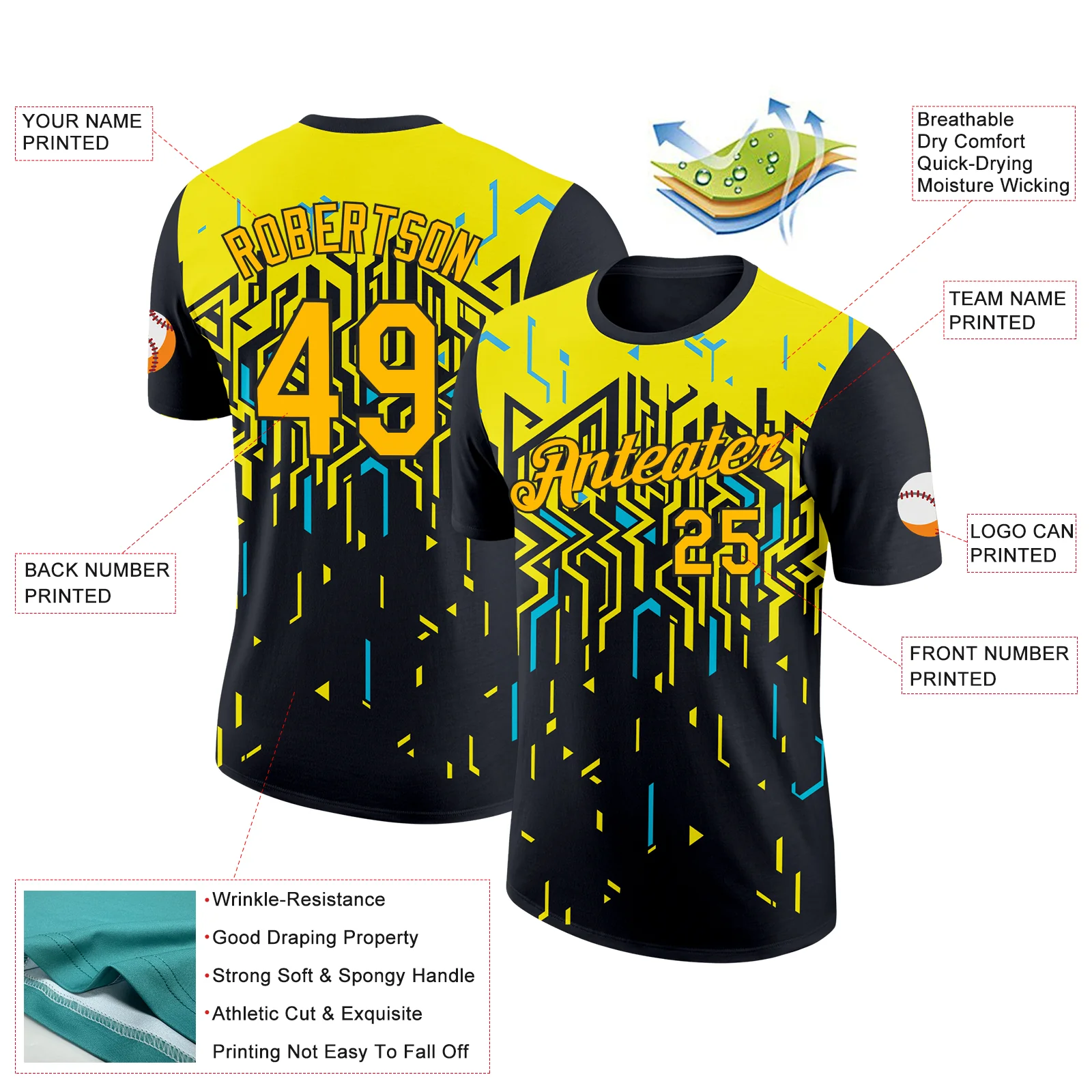 Custom Black Gold Light Yellow-Sky Blue 3D Esports Performance T-Shirt - Image 2