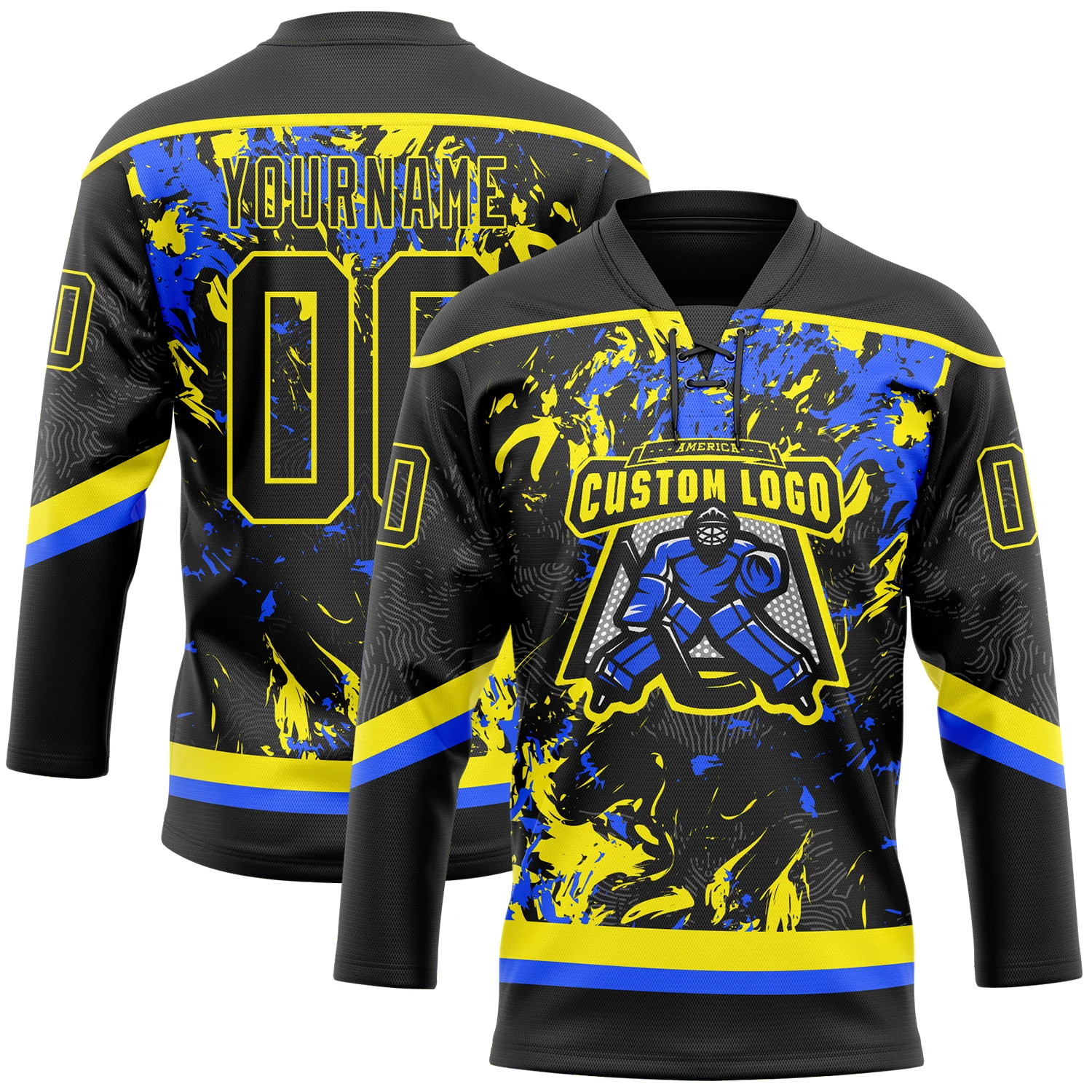 Custom Black Light Yellow-Royal 3D Fluid Art Splash Hockey Lace Neck Jersey - Image 2