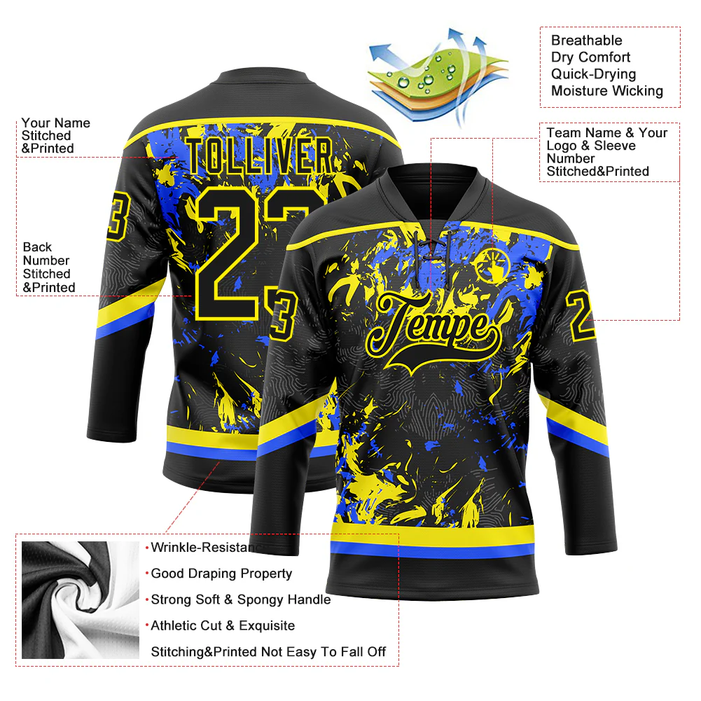 Custom Black Light Yellow-Royal 3D Fluid Art Splash Hockey Lace Neck Jersey - Image 3