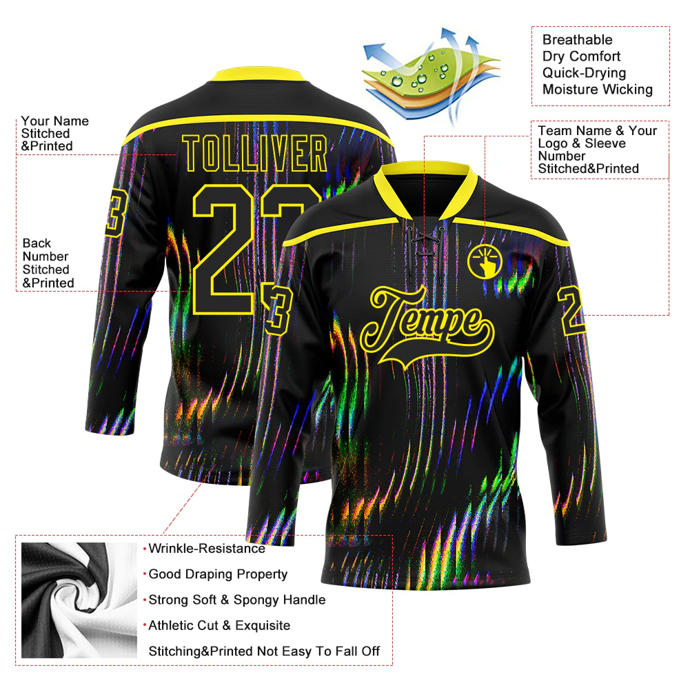 Custom Black Light Yellow Trippy Psychedelic Fluid Hockey Lace Neck Jersey - Image 5