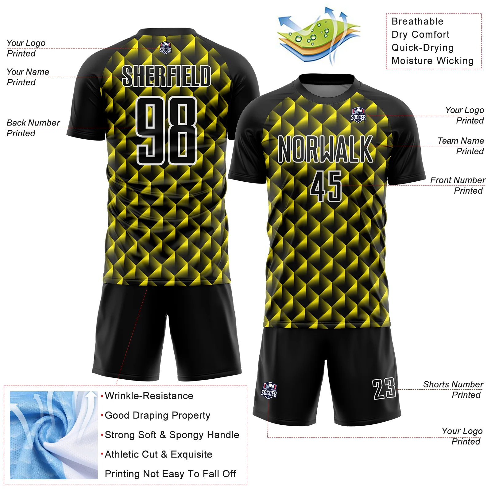 Custom Black Light Yellow-White Geometric Shape Sublimation Soccer Uniform Jersey - Image 4