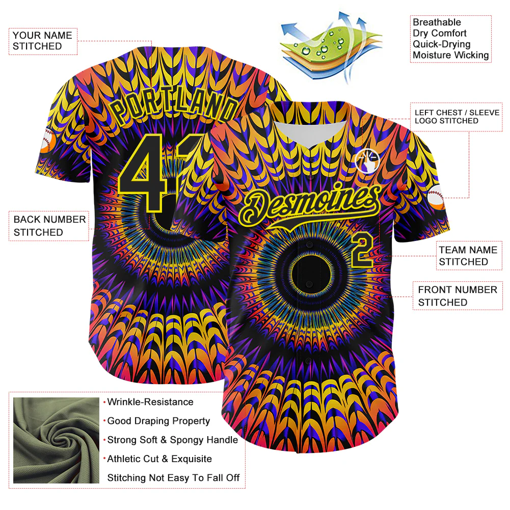 Custom Black Light Yellow 3D Pattern Design Rave Psychedelic Fractal Style Authentic Baseball Jersey - Image 3