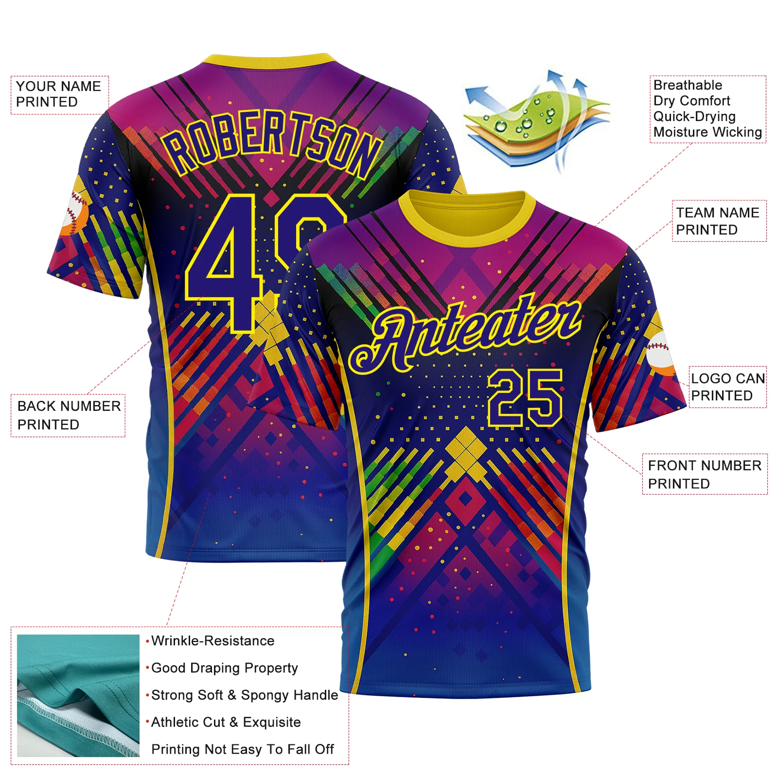 Custom Dark Purple Light Yellow-Red 3D Pattern Design Neon Chromatic Sportswear Performance T-Shirt - Image 2