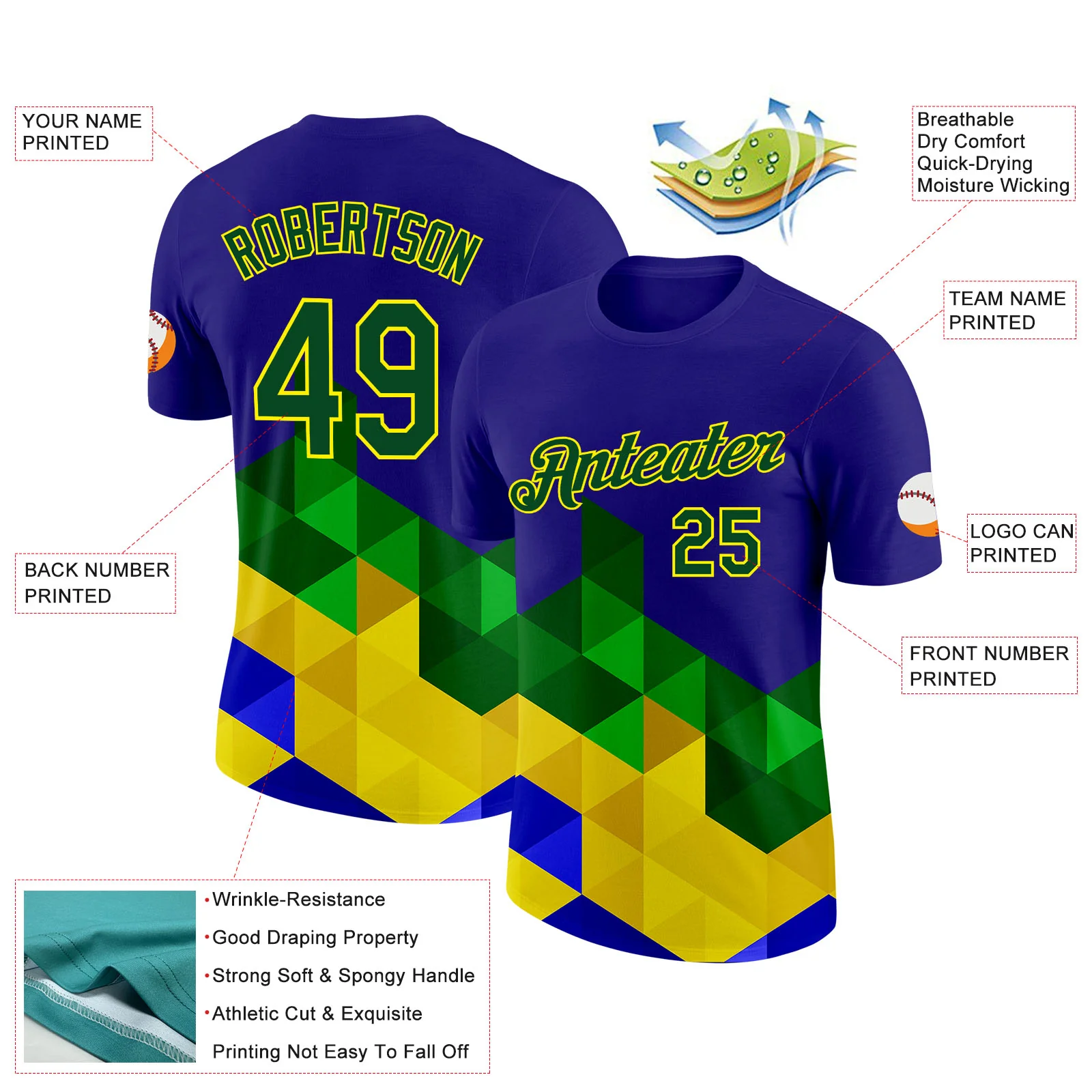 Custom Dark Purple Green-Light Yellow Brazil Triangle Geometric Shape Soccer Jersey Performance T-Shirt - Image 2