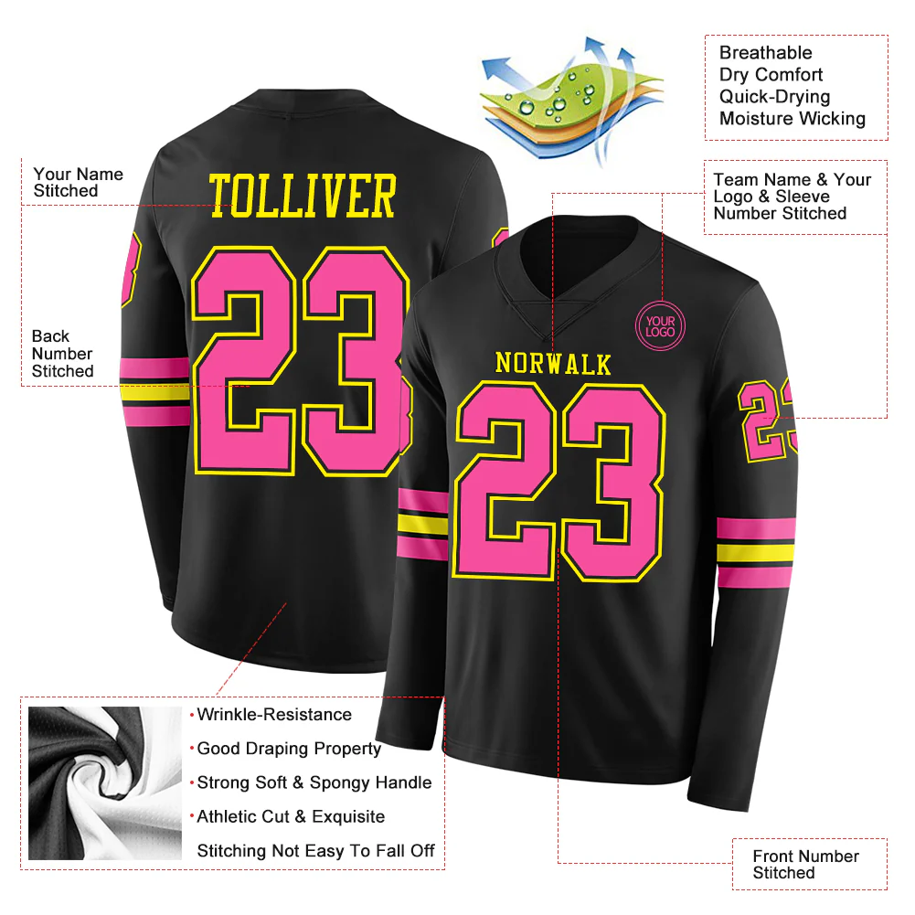 Custom Black Pink-Light Yellow Long Sleeve Authentic Football Jersey - Image 2