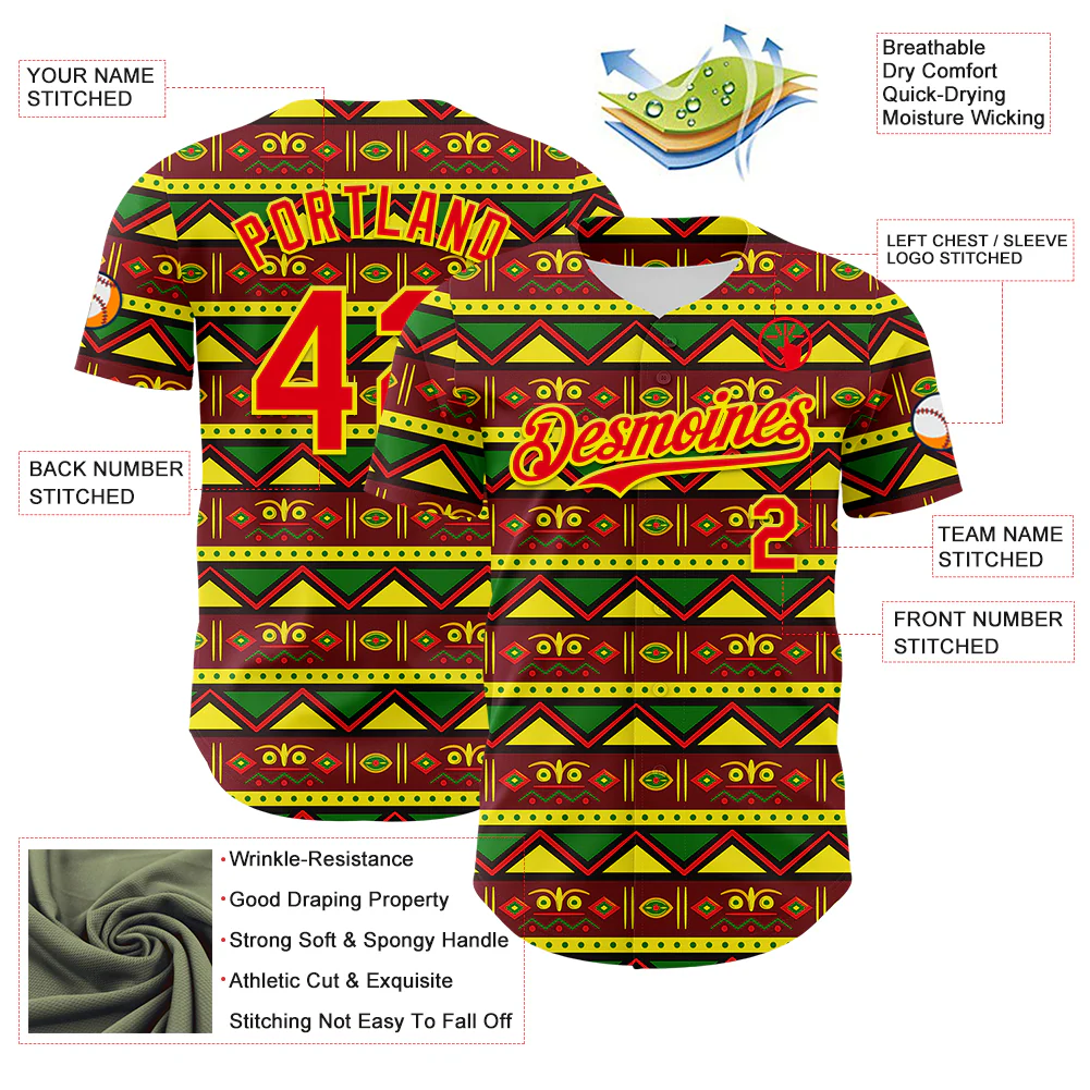 Custom Green Fire Red Light Yellow-Black 3D Pattern Design Black History Month African Ethnicity Style Abstract Geometric Authentic Baseball Jersey - Image 3