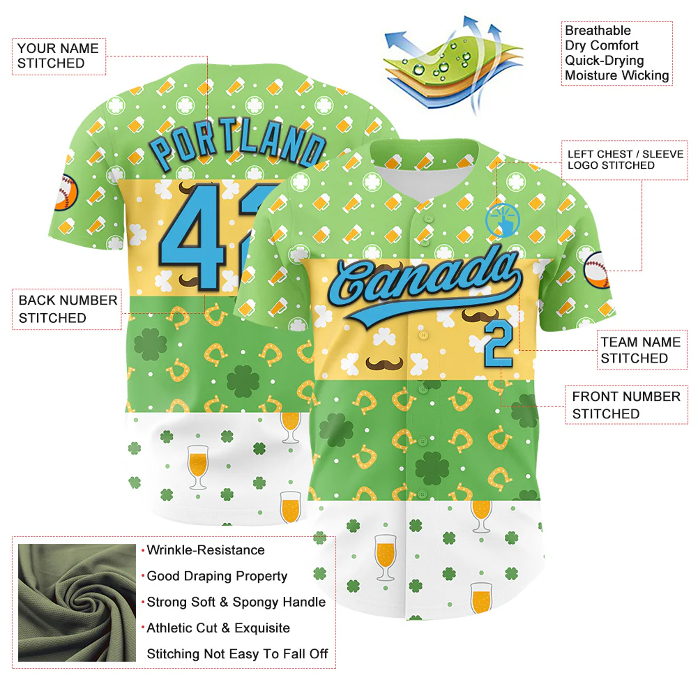 Custom Green Sky Blue Light Yellow-Black 3D St. Patrick's Day Shamrock Beer Authentic Baseball Jersey - Image 3