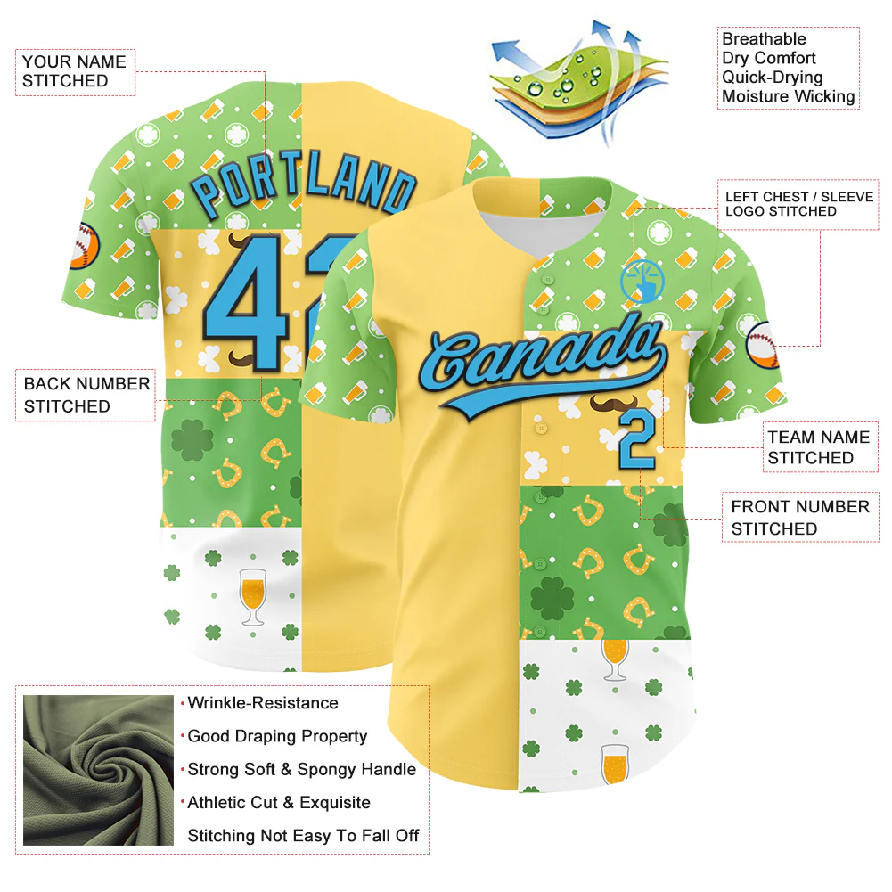Custom Green Sky Blue Light Yellow-Black 3D St. Patrick's Day Shamrock Beer Authentic Baseball Jersey - Image 3