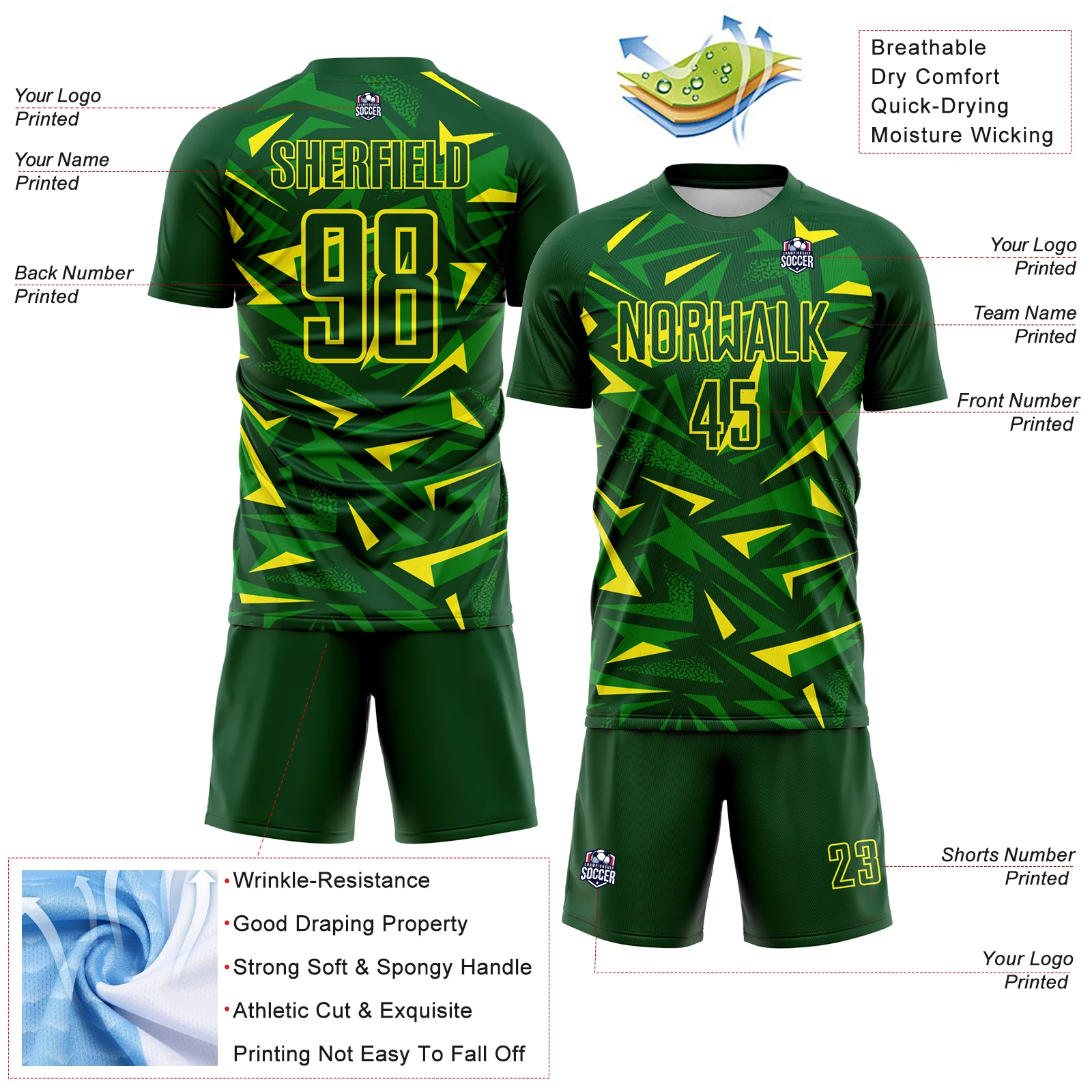Custom Green Light Yellow-Grass Green Cyber Mecha E-sport Geometric Shards Spike Sublimation Soccer Uniform Jersey - Image 4