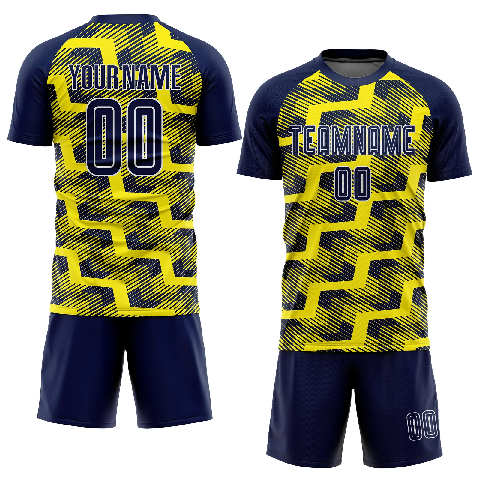 Custom Navy Light Yellow-White Line Sublimation Soccer Uniform Jersey - Image 2