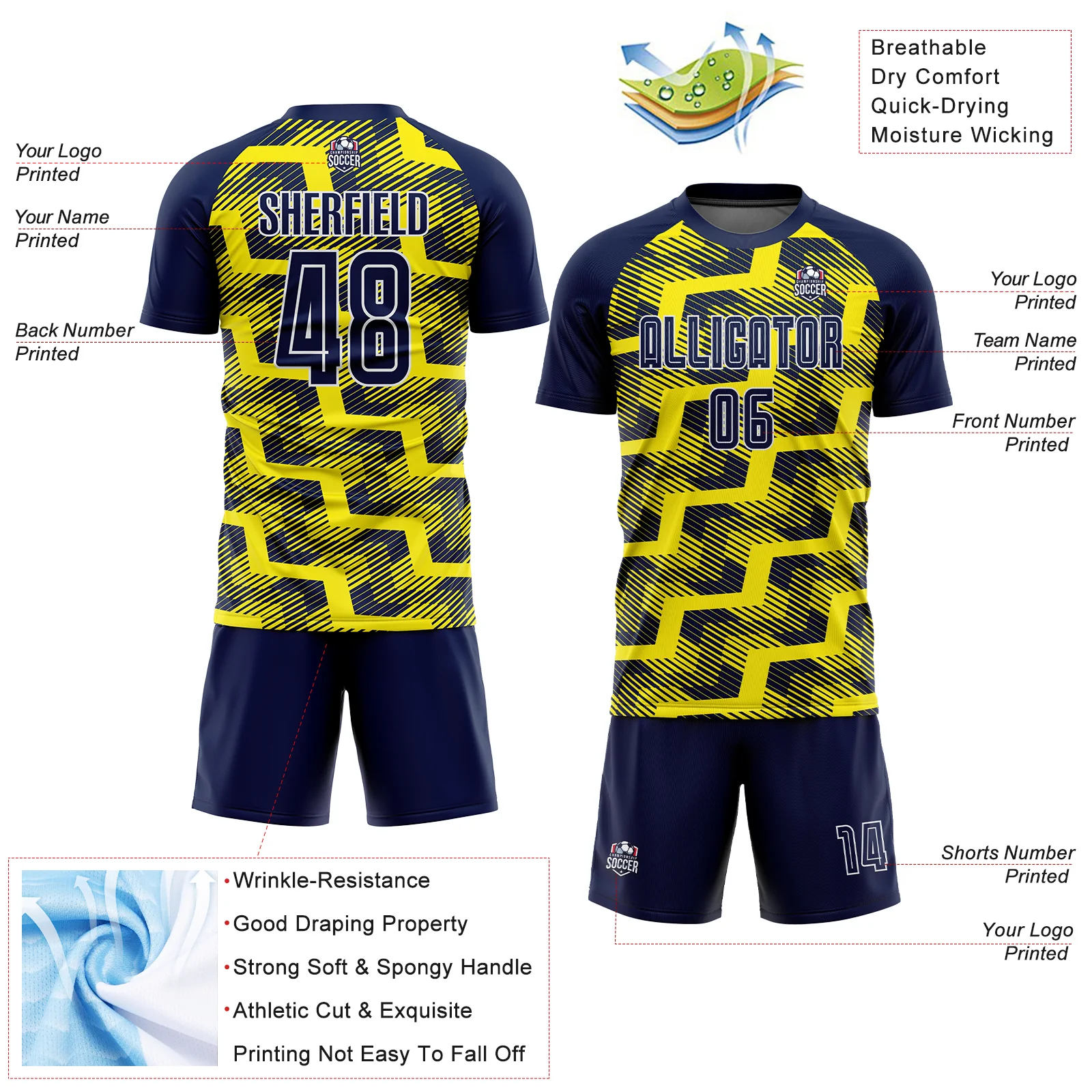 Custom Navy Light Yellow-White Line Sublimation Soccer Uniform Jersey - Image 4