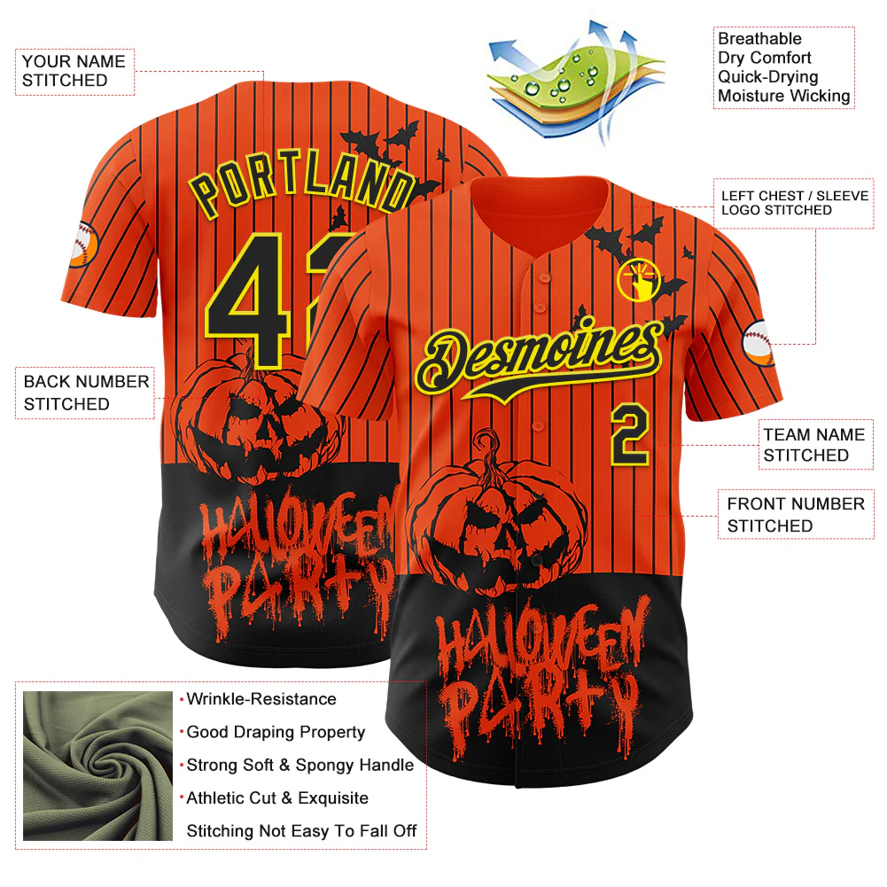 Custom Orange Black Pinstripe Light Yellow 3D Halloween Pumpkin Party Costume Ideas Authentic Baseball Jersey - Image 3