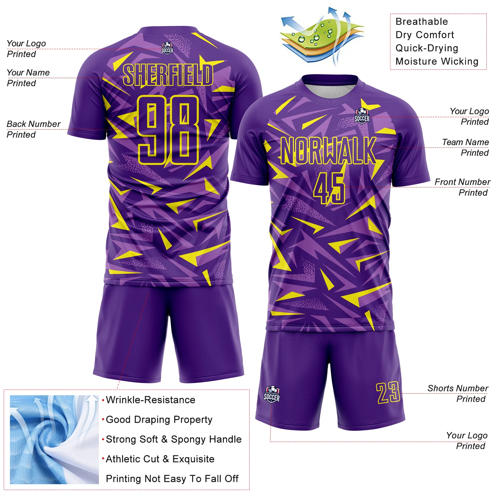 Custom Purple Light Yellow-Medium Purple Cyber Mecha E-sport Geometric Shards Spike Sublimation Soccer Uniform Jersey - Image 4