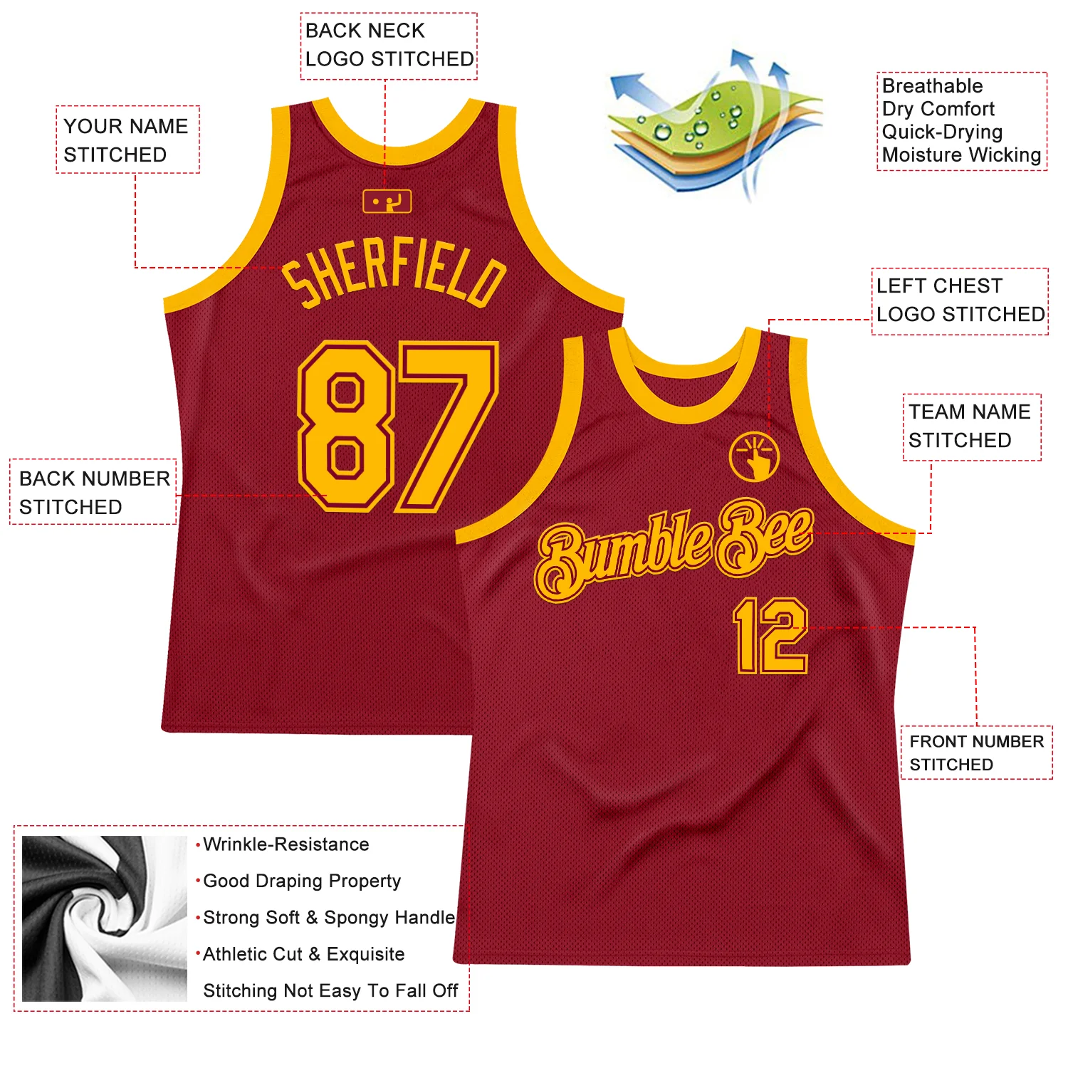 Custom Maroon Gold Authentic Throwback Basketball Jersey - Image 2