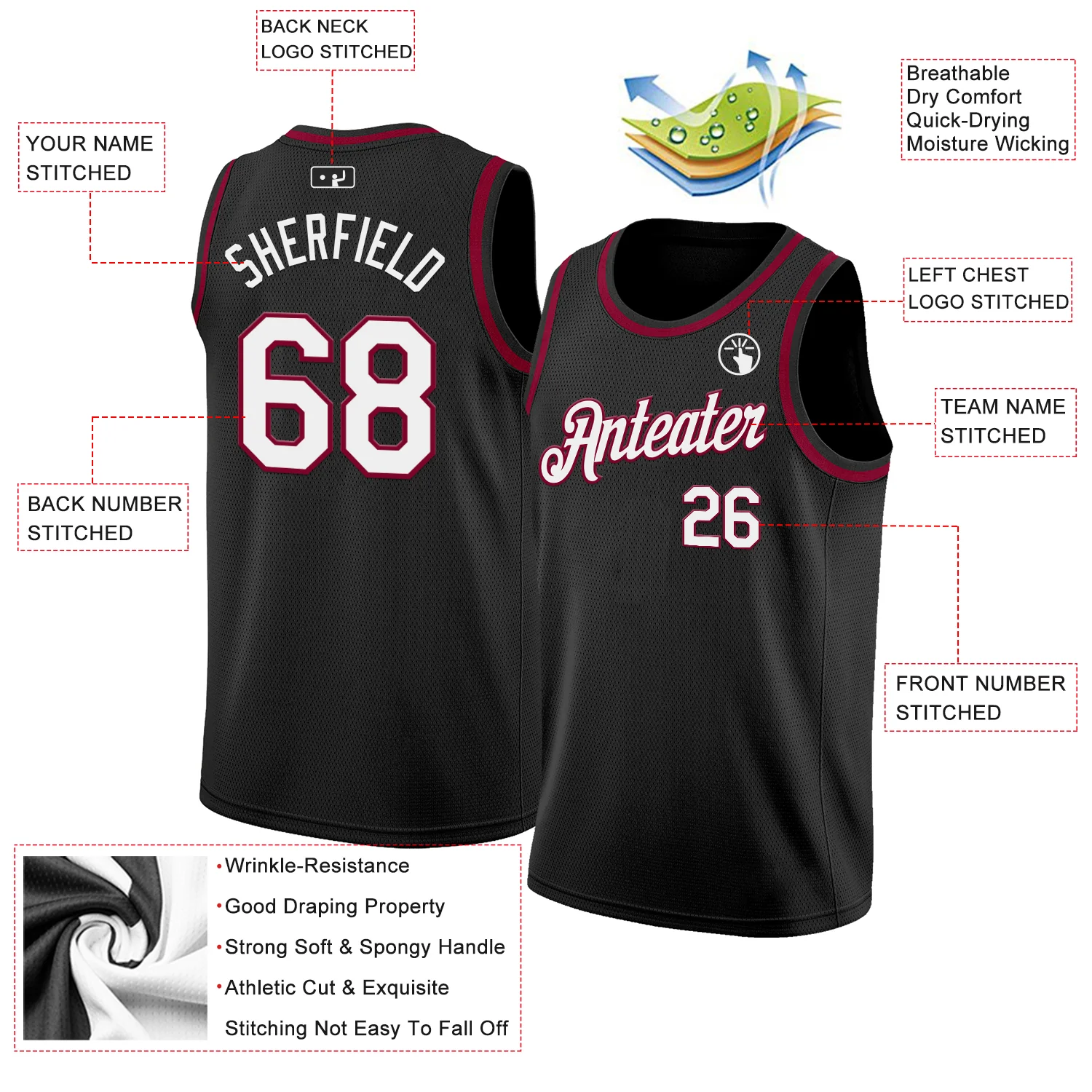 Custom Black White-Maroon Authentic Basketball Jersey - Image 2