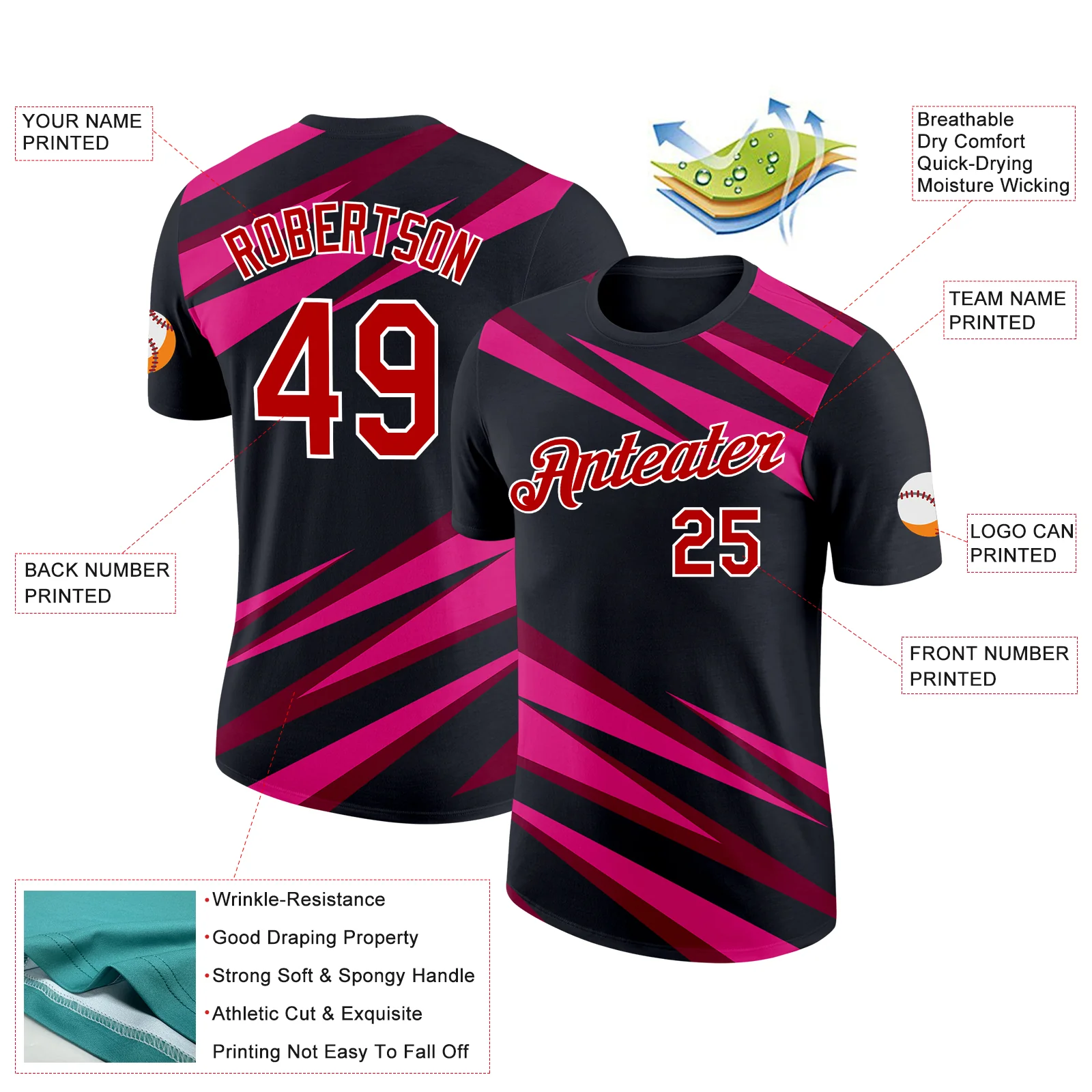 Custom Black Red Maroon-Hot Pink 3D Esports Performance T-Shirt - Image 2