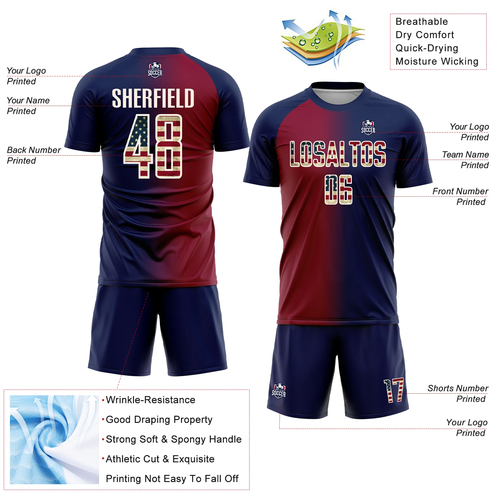 Custom Navy Vintage USA Flag Maroon-Cream Sublimation Gradient Fashion Soccer Uniform Jersey - Image 4