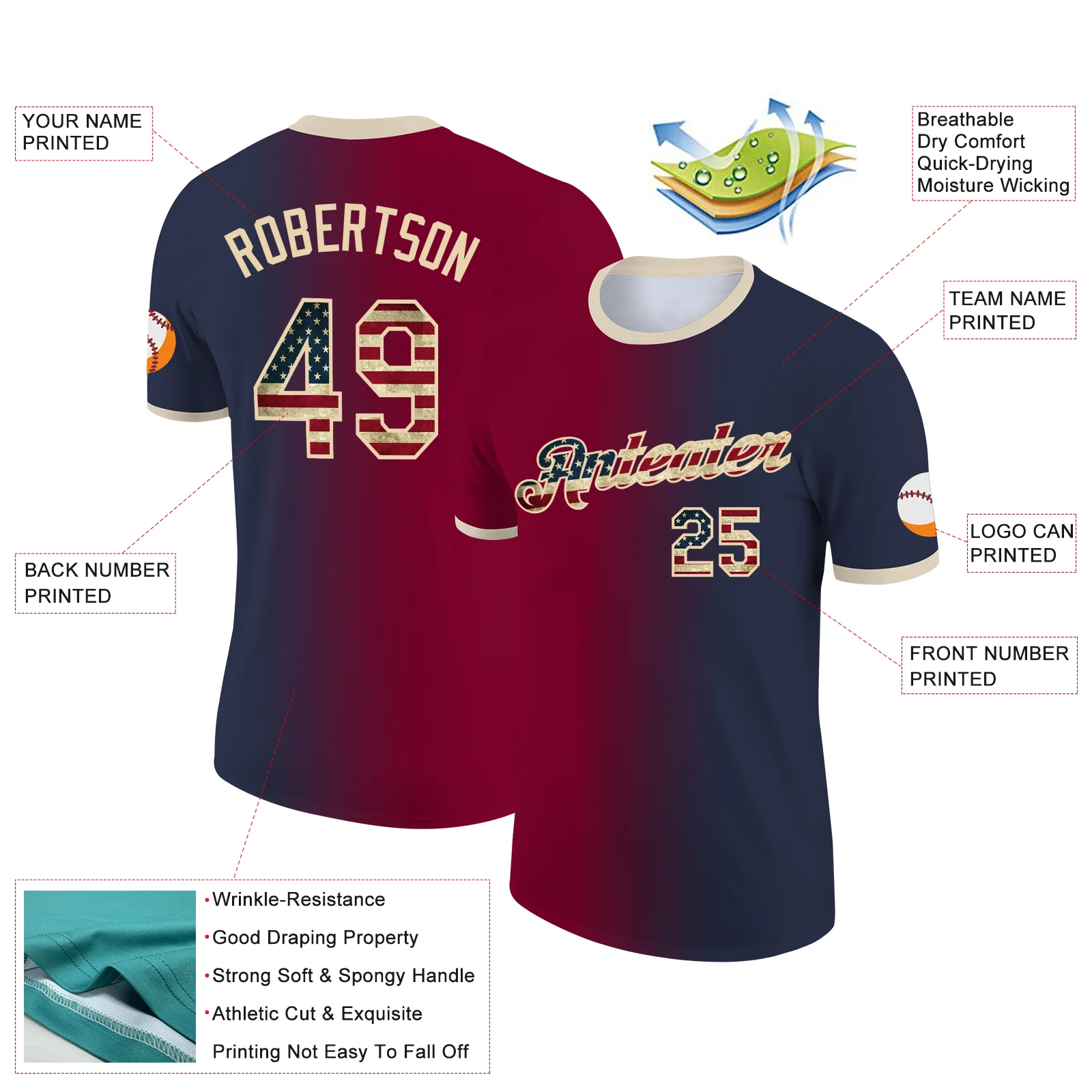 Custom Navy Vintage USA Flag Maroon-City Cream Gradient Fashion Performance T-Shirt - Image 2