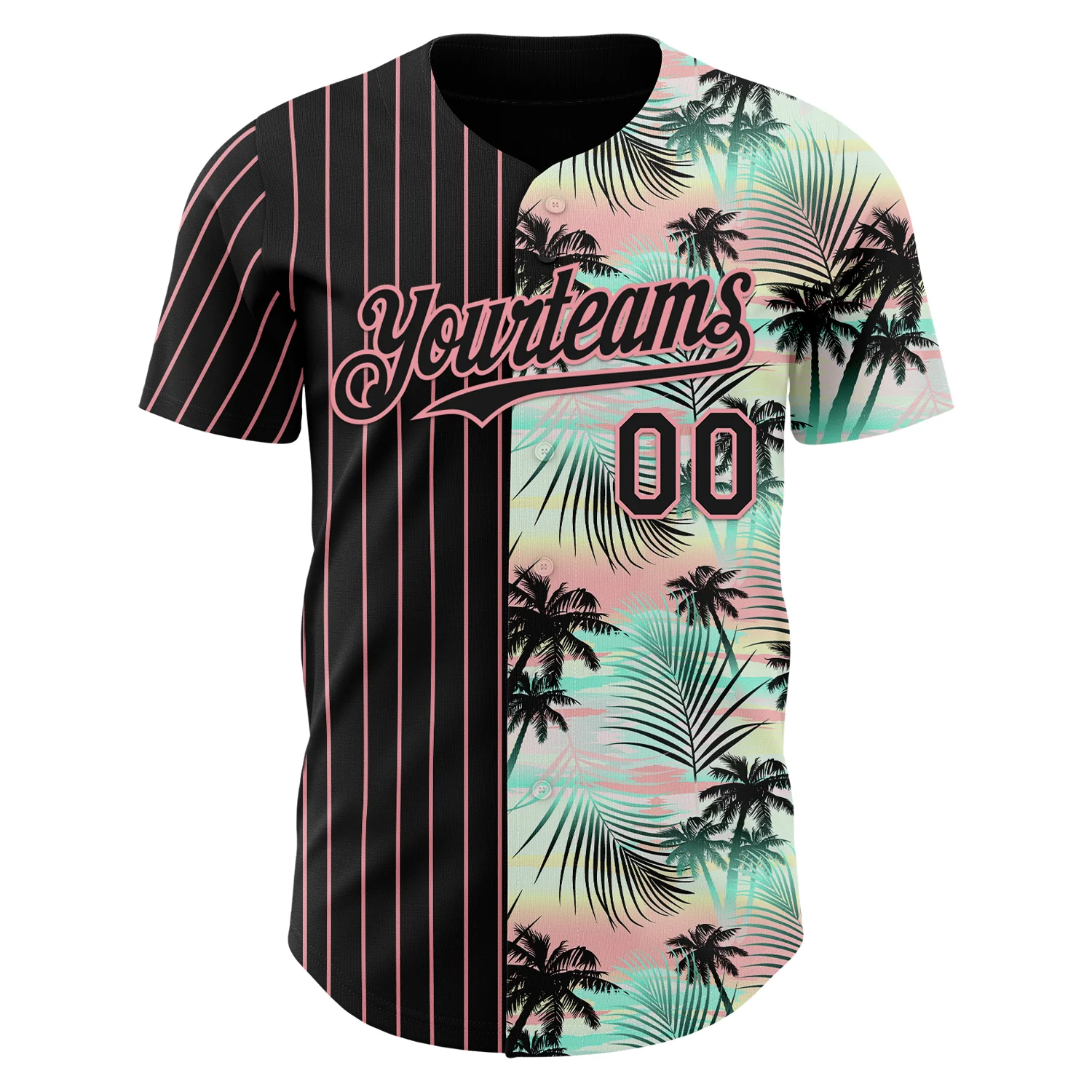Custom Black Medium Pink 3D Pattern Design Pinstripe Tropical Palm Leaves Authentic Baseball Jersey - Image 2