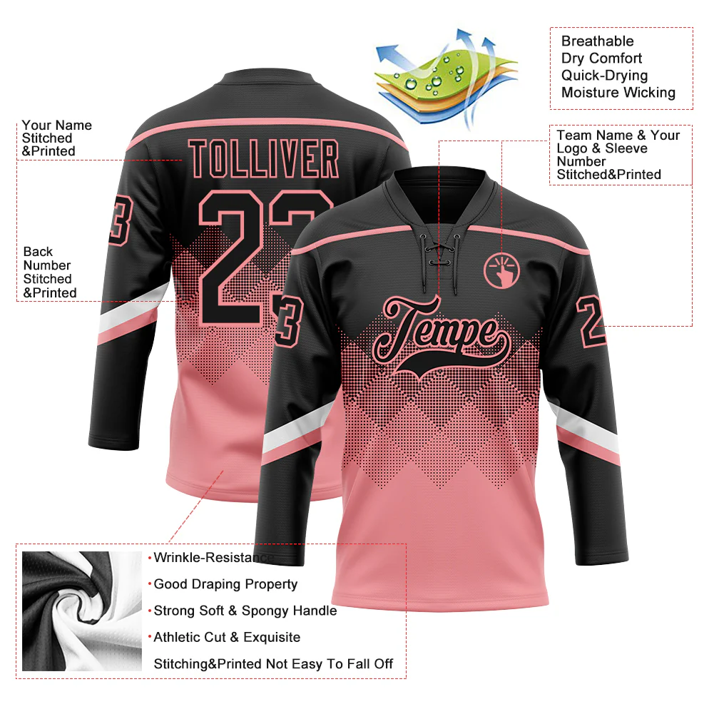 Custom Black Medium Pink-White 3D Pattern Gradient Square Shapes Hockey Lace Neck Jersey - Image 3