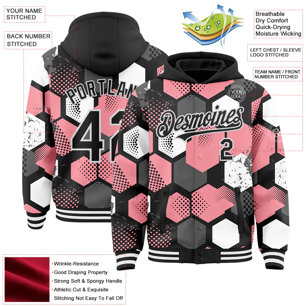 Custom Black Medium Pink-White Geometric Shape Bomber Full-Snap Varsity Letterman Hoodie Jacket - Image 4