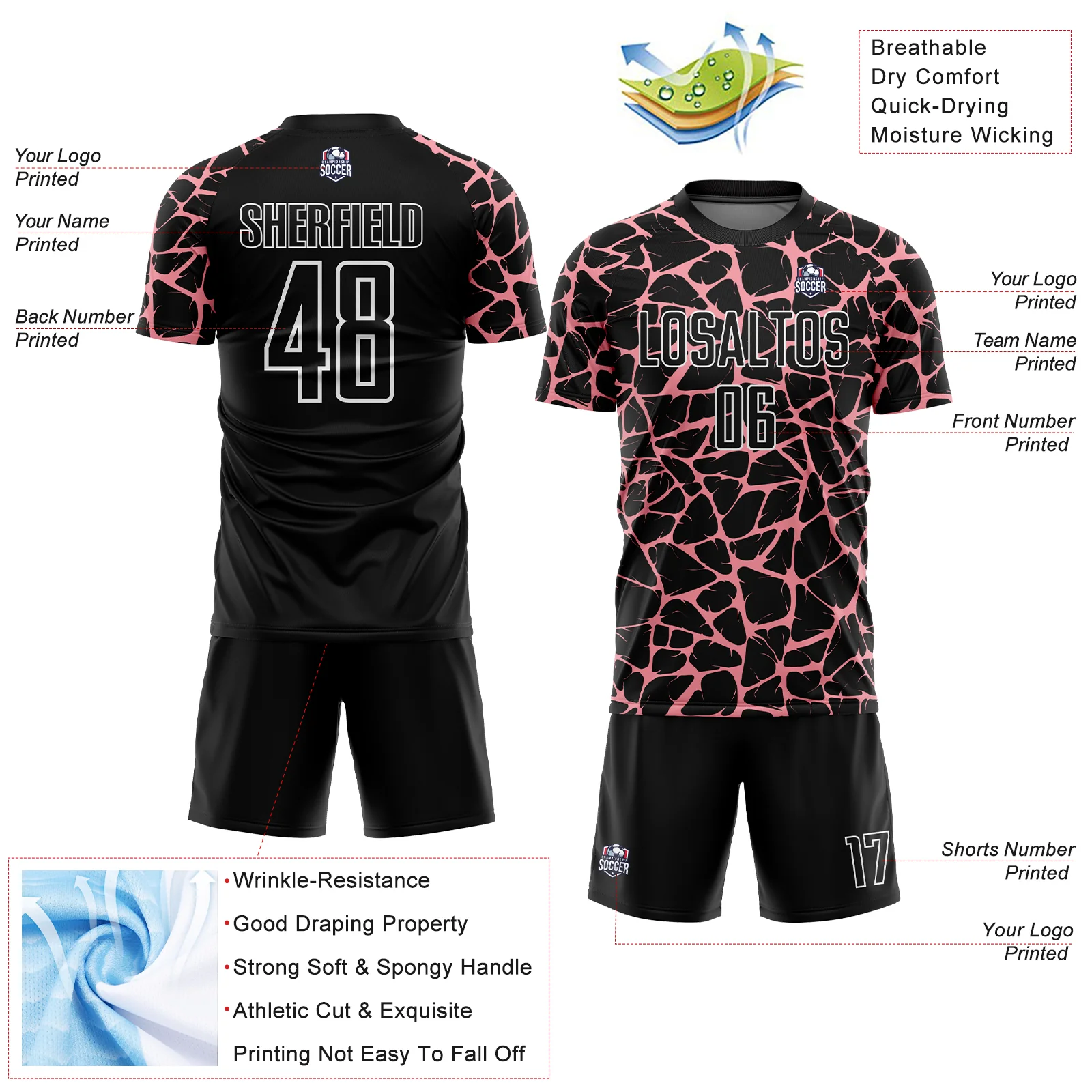 Custom Black Medium Pink-White Abstract Network Splash Sublimation Soccer Uniform Jersey - Image 4
